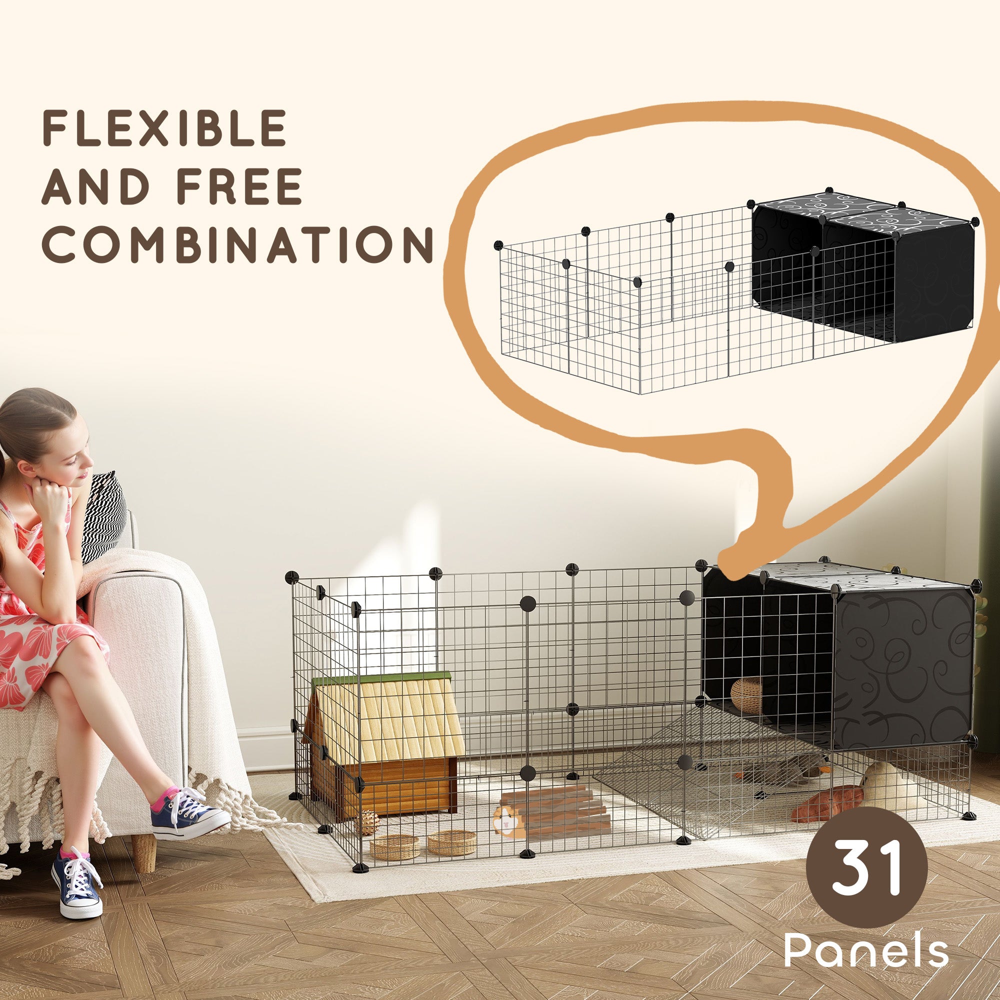 PawHut Rabbit Run, Pet Playpen, Small Animal Cage Enclosure, C&C Cage with Elevated Huts for Guinea Pigs, Hedgehogs, for Indoor Use, 31 Panels, Black