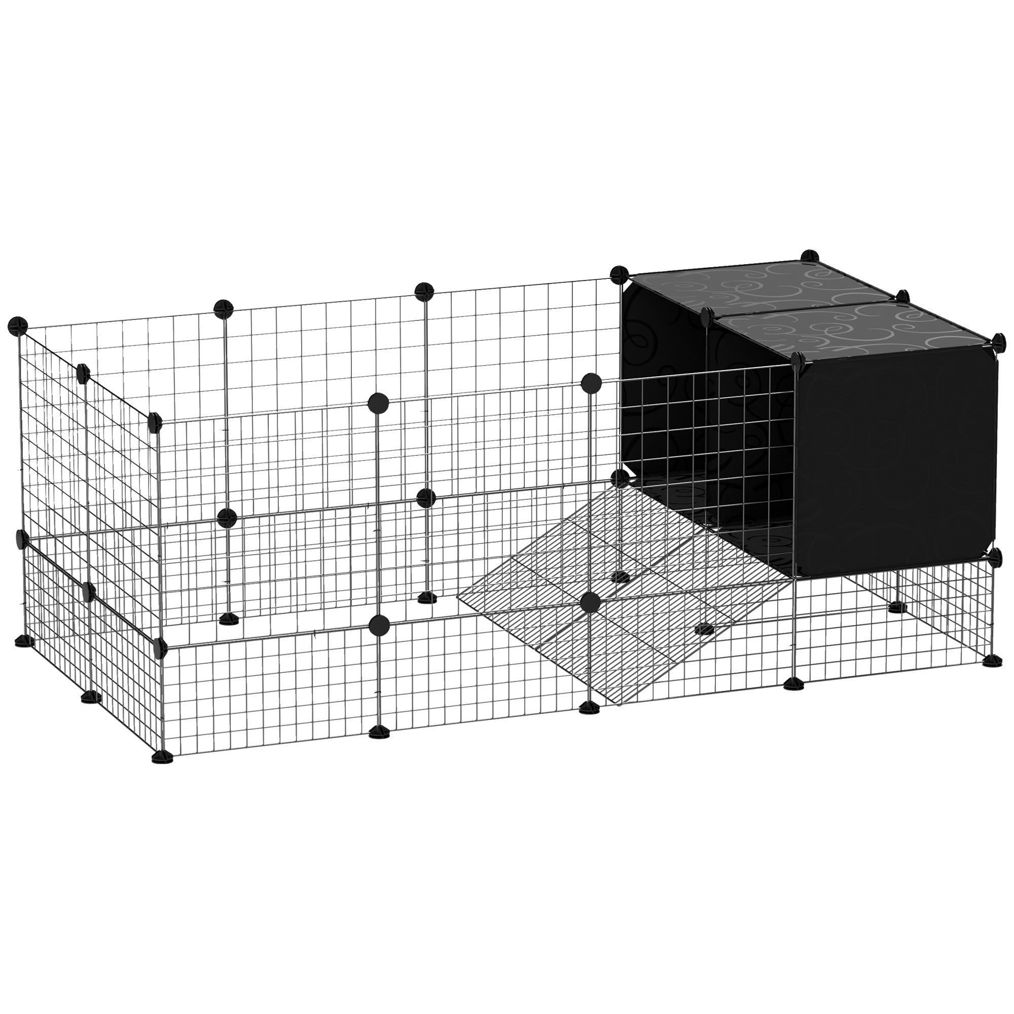 PawHut Rabbit Run, Pet Playpen, Small Animal Cage Enclosure, C&C Cage with Elevated Huts for Guinea Pigs, Hedgehogs, for Indoor Use, 31 Panels, Black