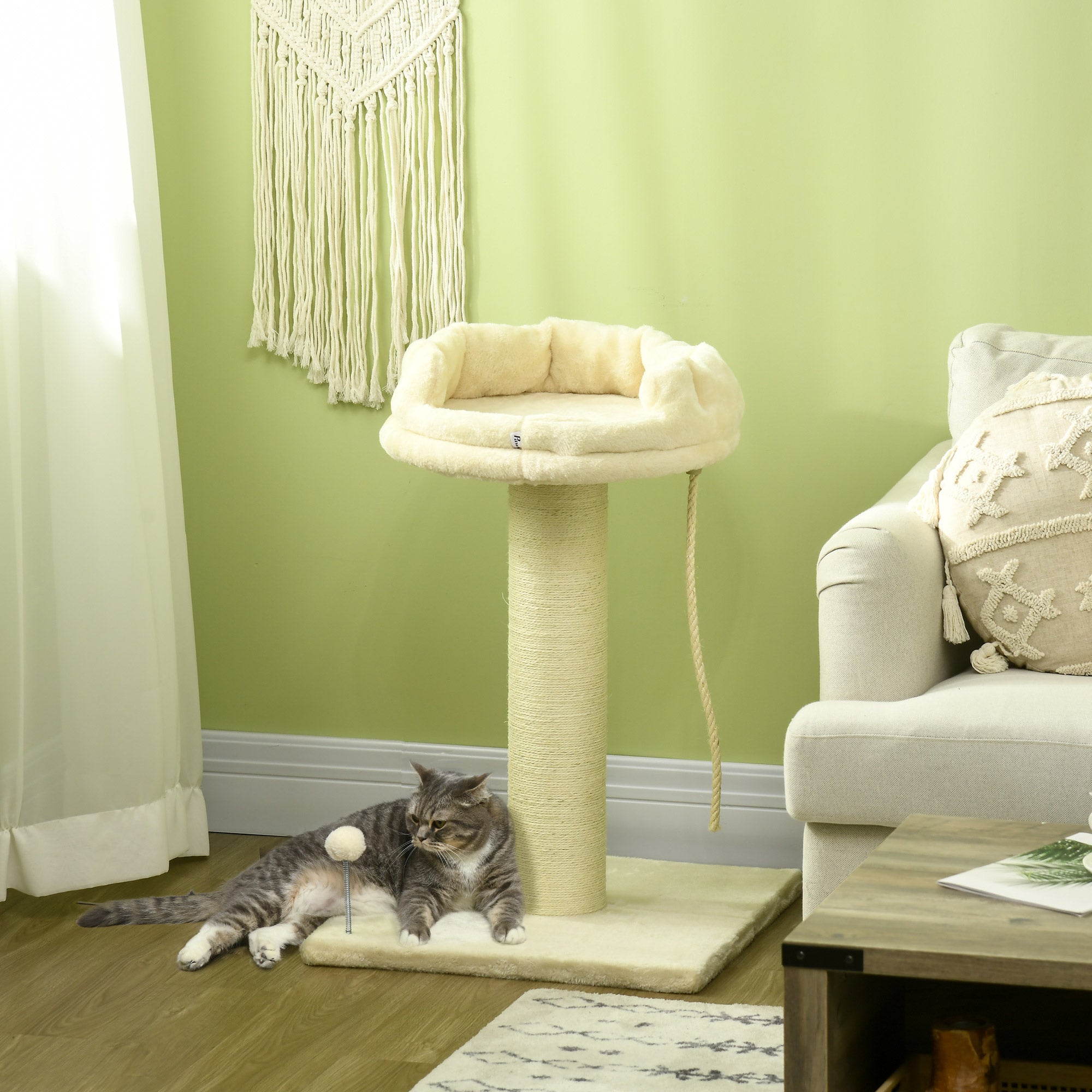 PawHut 83cm Cat Tree, Cat Tower for Indoor Cats w/ Sisal scratching posts, Enlarged Kitten Bed, Ball & String Toy - Cream