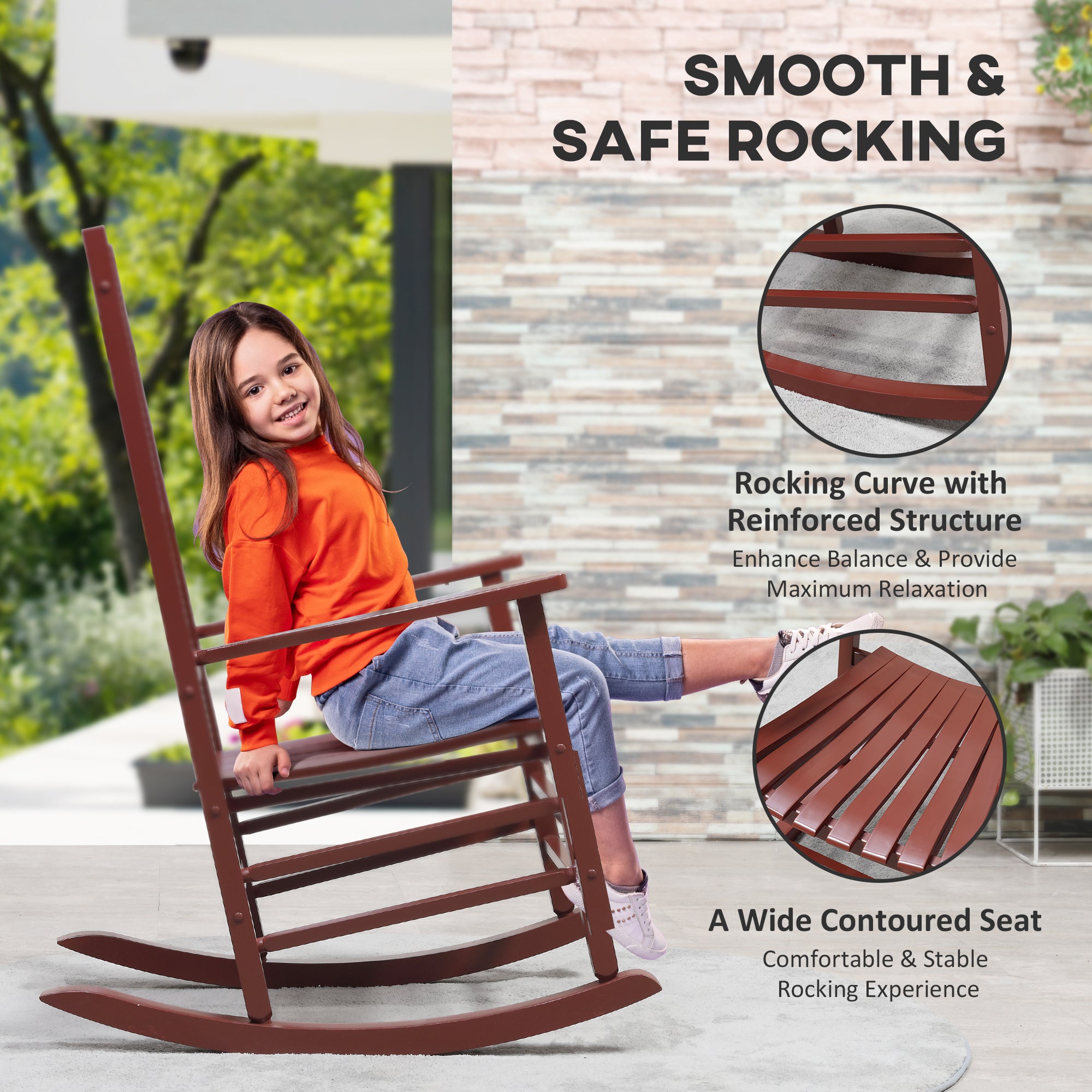 Outsunny Wooden Porch Rocking Chair Outdoor Patio Rocker Garden Single Leisure Reclining Seat Armchair Wine Red