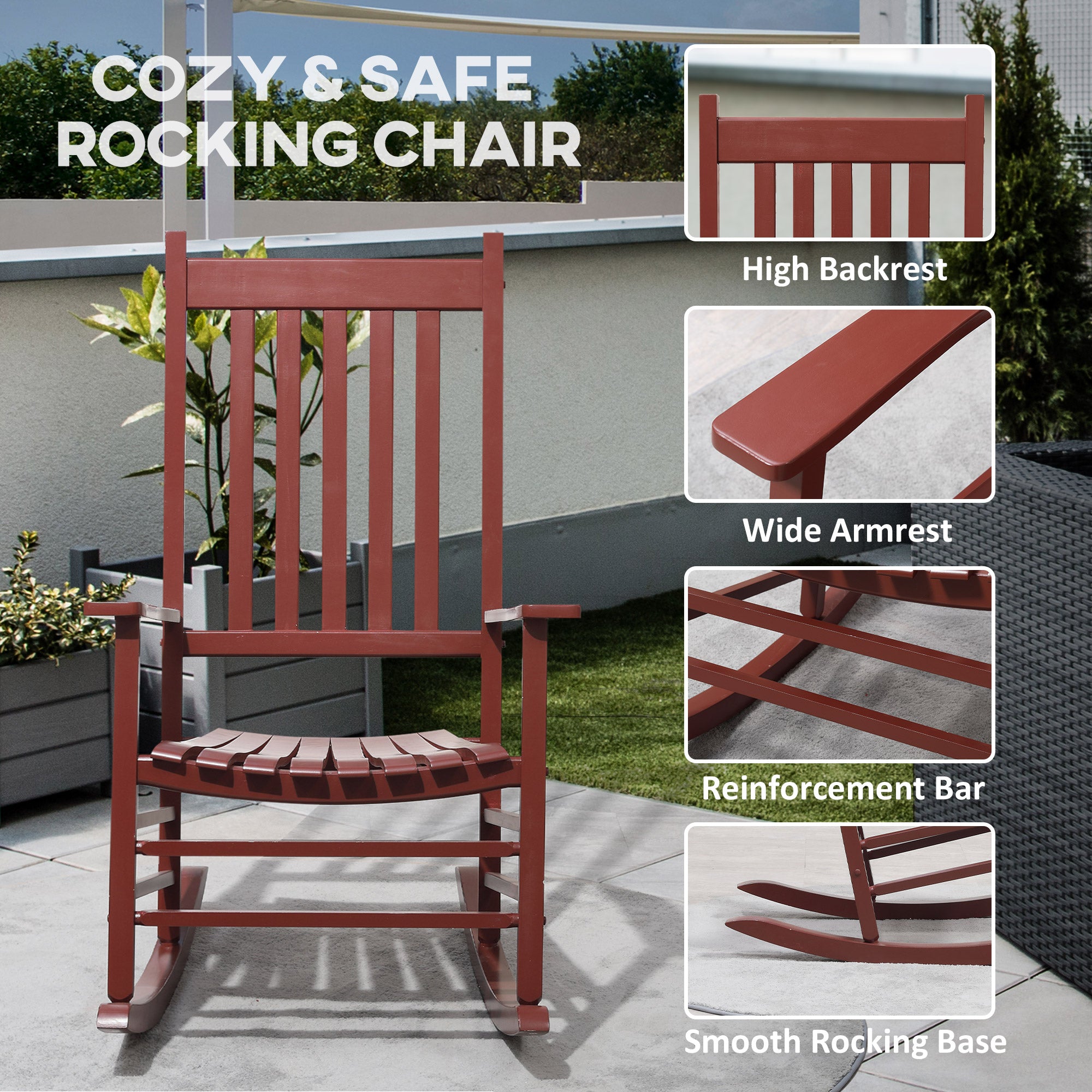 Outsunny Wooden Porch Rocking Chair Outdoor Patio Rocker Garden Single Leisure Reclining Seat Armchair Wine Red