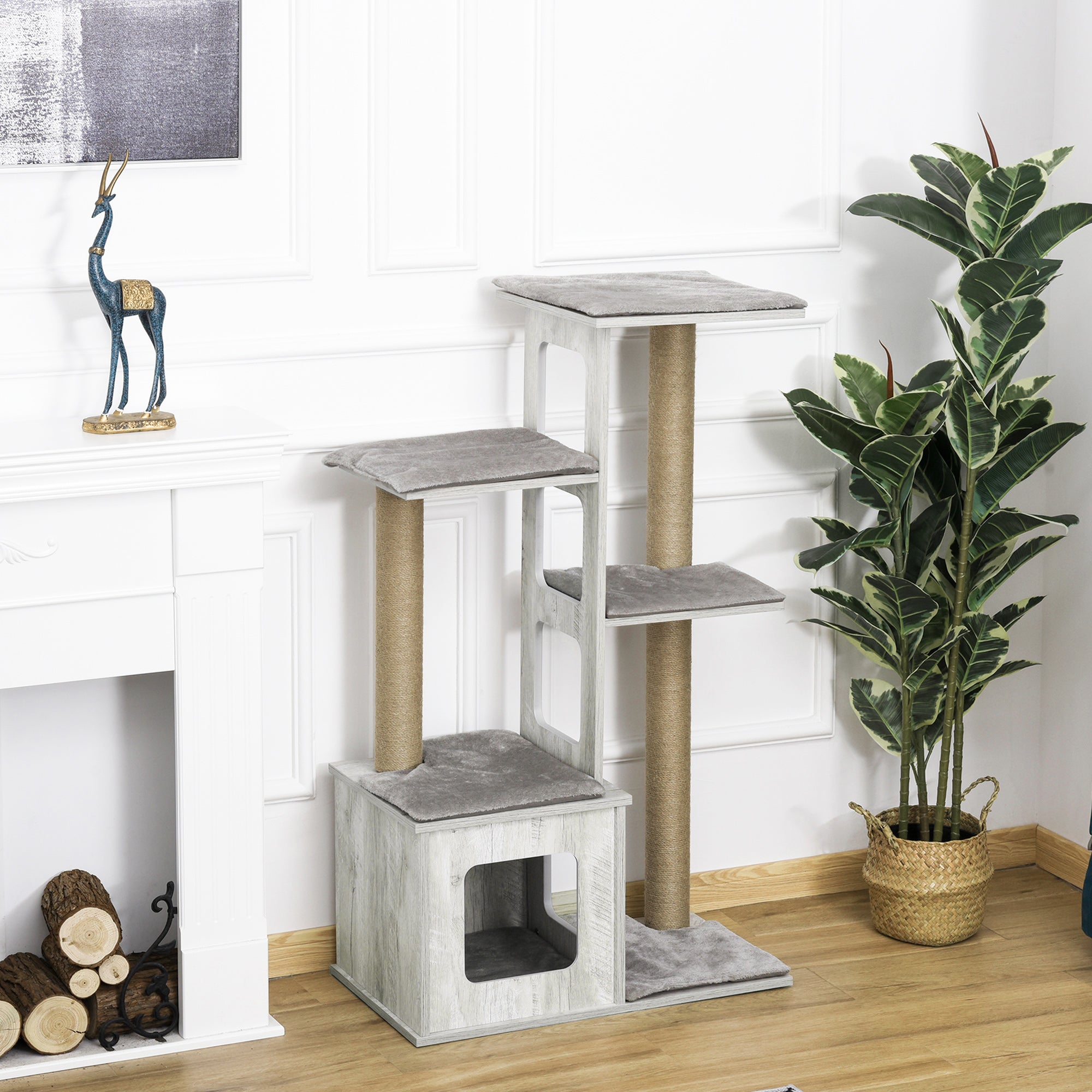 PawHut 45" Deluxe Plush Cat Tree Tower Activity Center Climbing Frame Kitten Play House with Jute Scratching Posts Condo Perch Cushion Grey