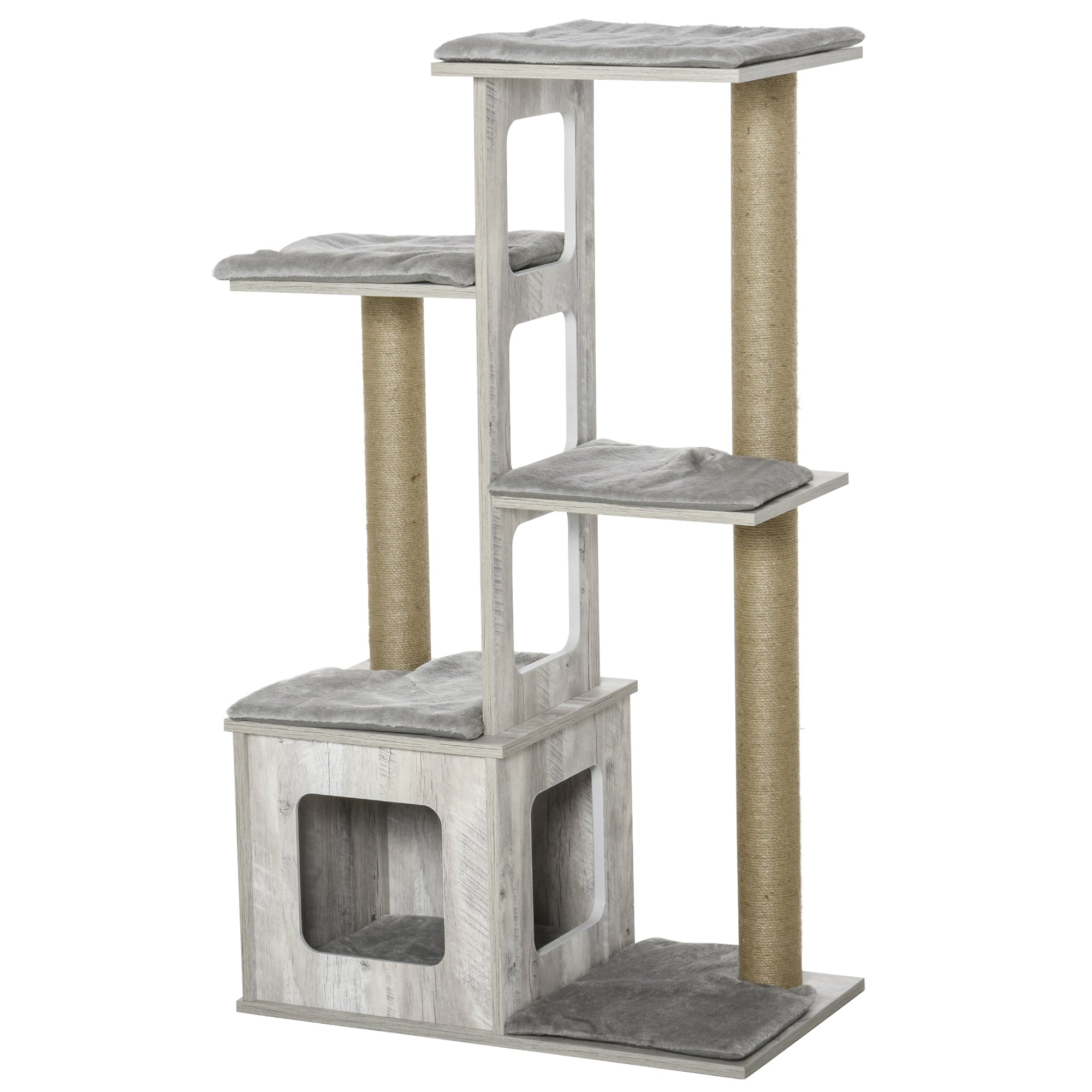 PawHut 114cm Cat Tree for Indoor Large Cats Condo Jute Scratching Post Cat Tower Kitten Play House Activity Center Furniture Grey