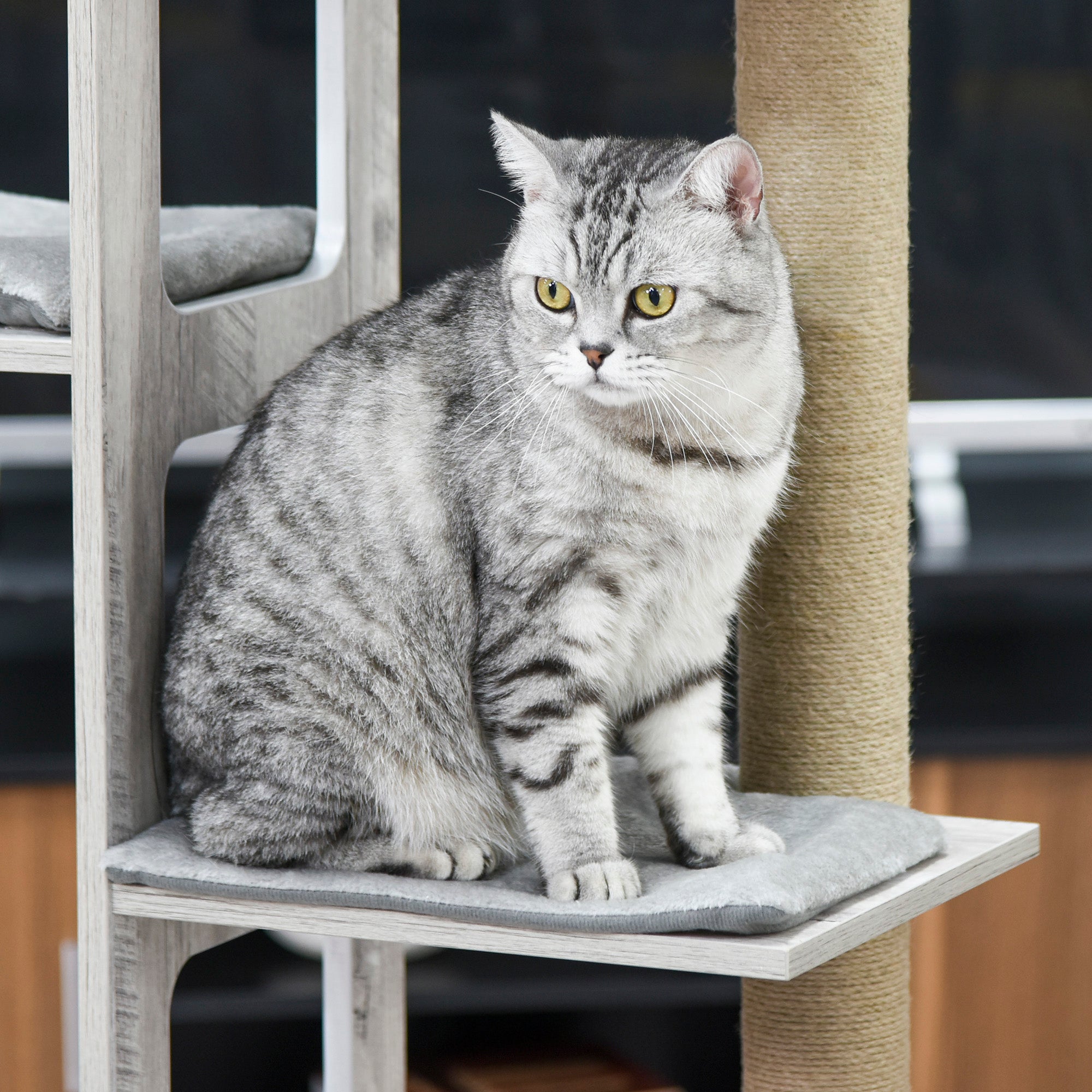 PawHut 45" Deluxe Plush Cat Tree Tower Activity Center Climbing Frame Kitten Play House with Jute Scratching Posts Condo Perch Cushion Grey