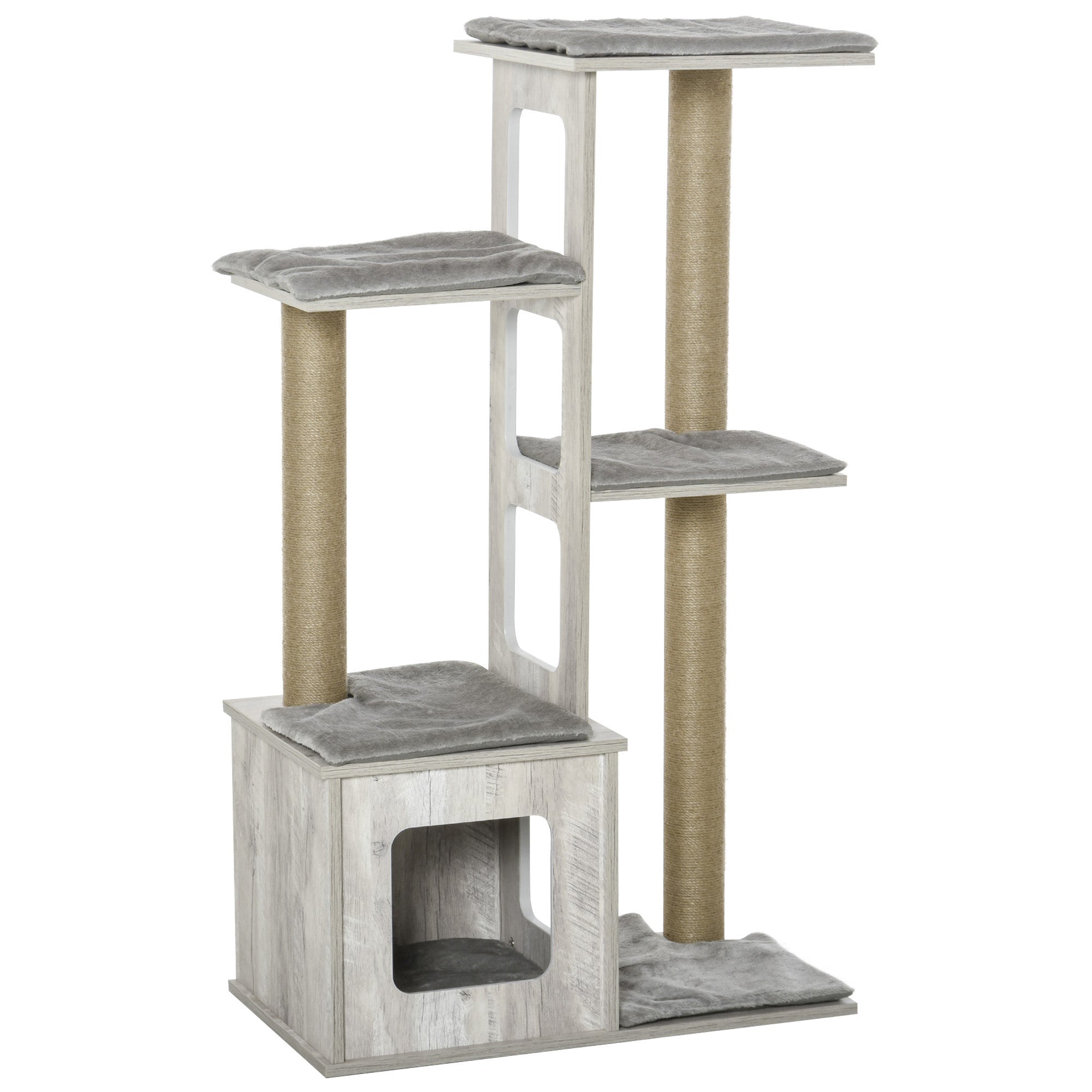 PawHut 114cm Cat Tree for Indoor Large Cats Condo Jute Scratching Post Cat Tower Kitten Play House Activity Center Furniture Grey