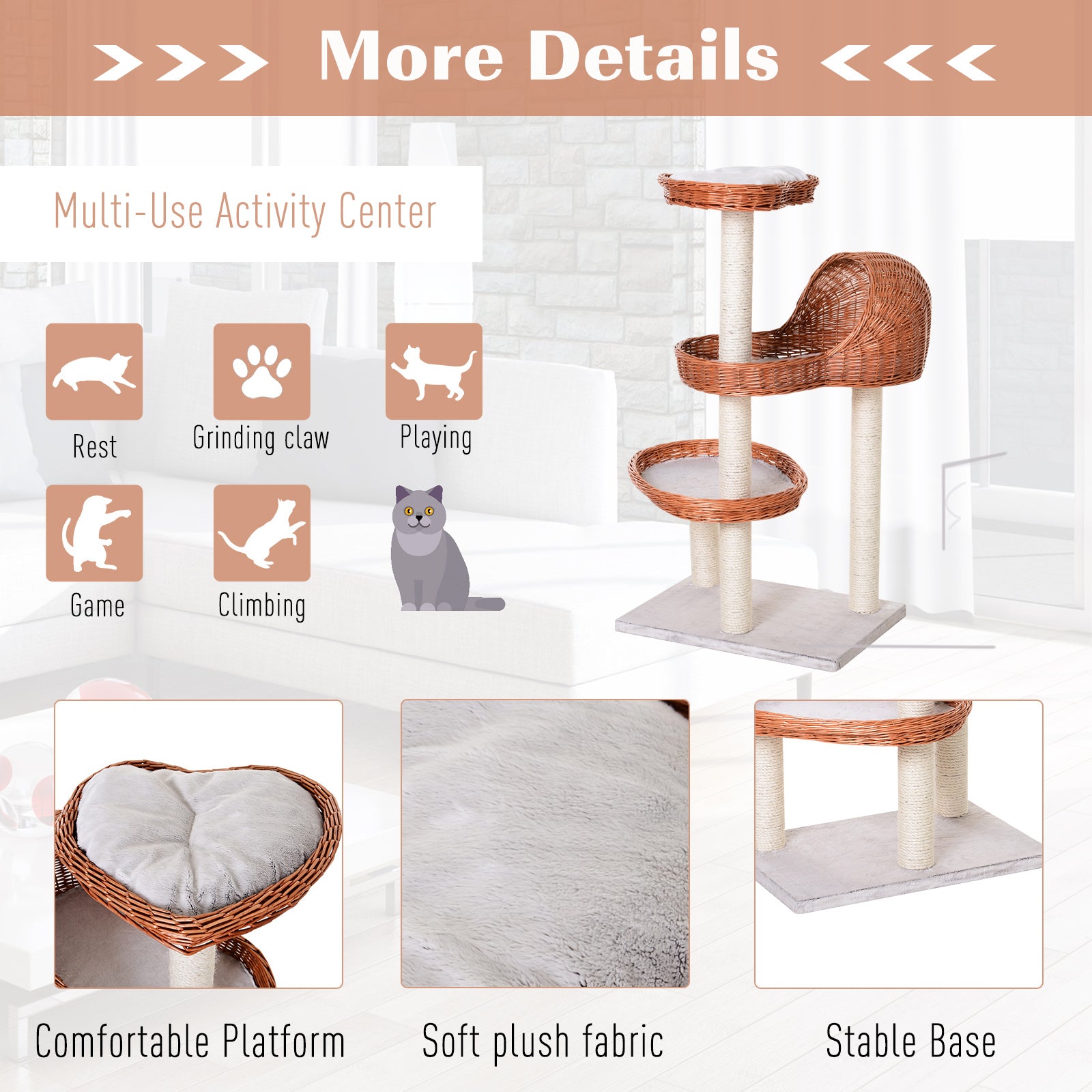 PawHut 4 Tier Cat Tree for Indoor Cats Activity Center Willow Platforms Kitty Scratcher Play Tower Toy Condo 110 cm