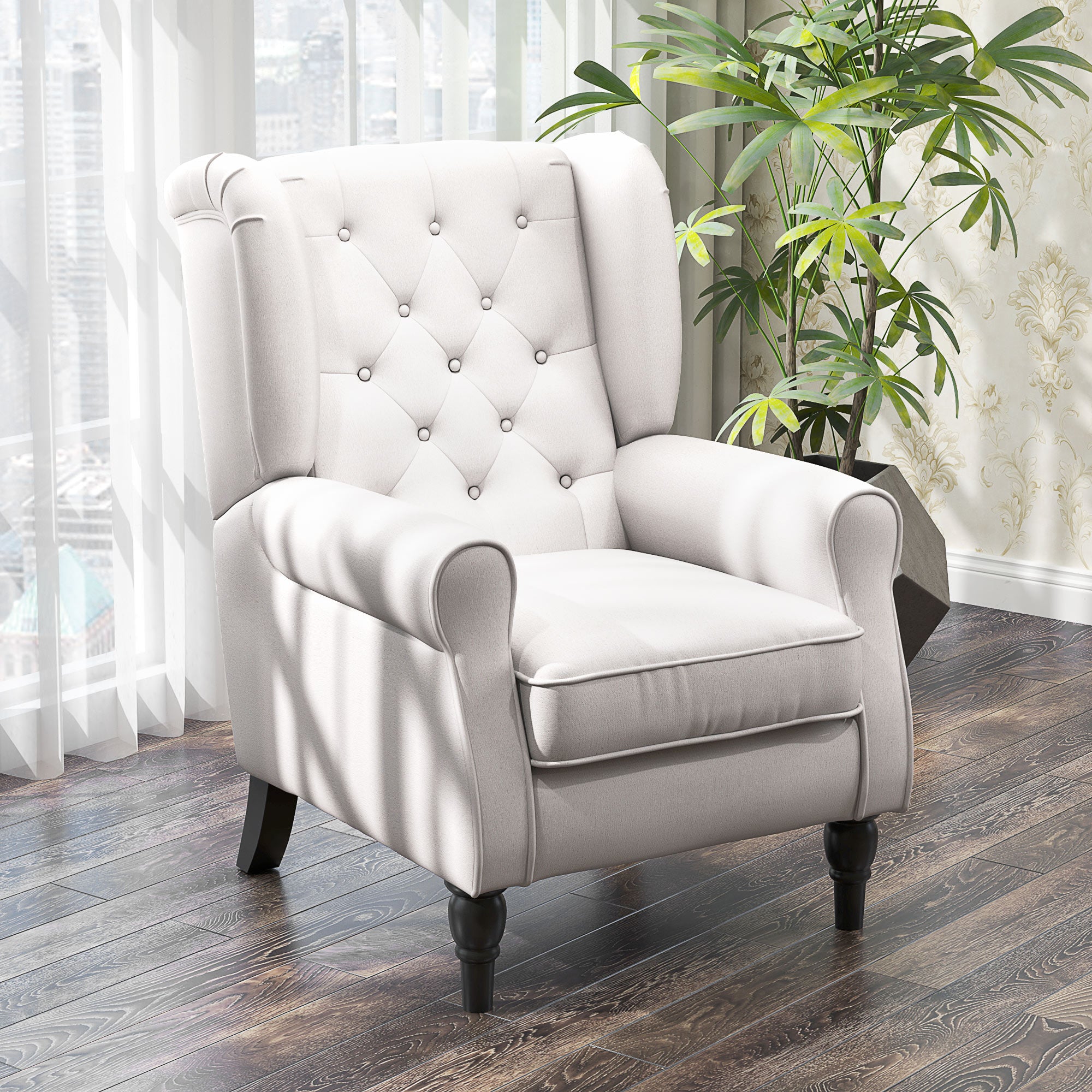 HOMCOM Fabric Accent Chair, Button Tufted Armchair, Upholstered Modern Living Room Chair, Wingback Chair with Wood Legs, Rolled Arms, Thick Padding for Bedroom, White