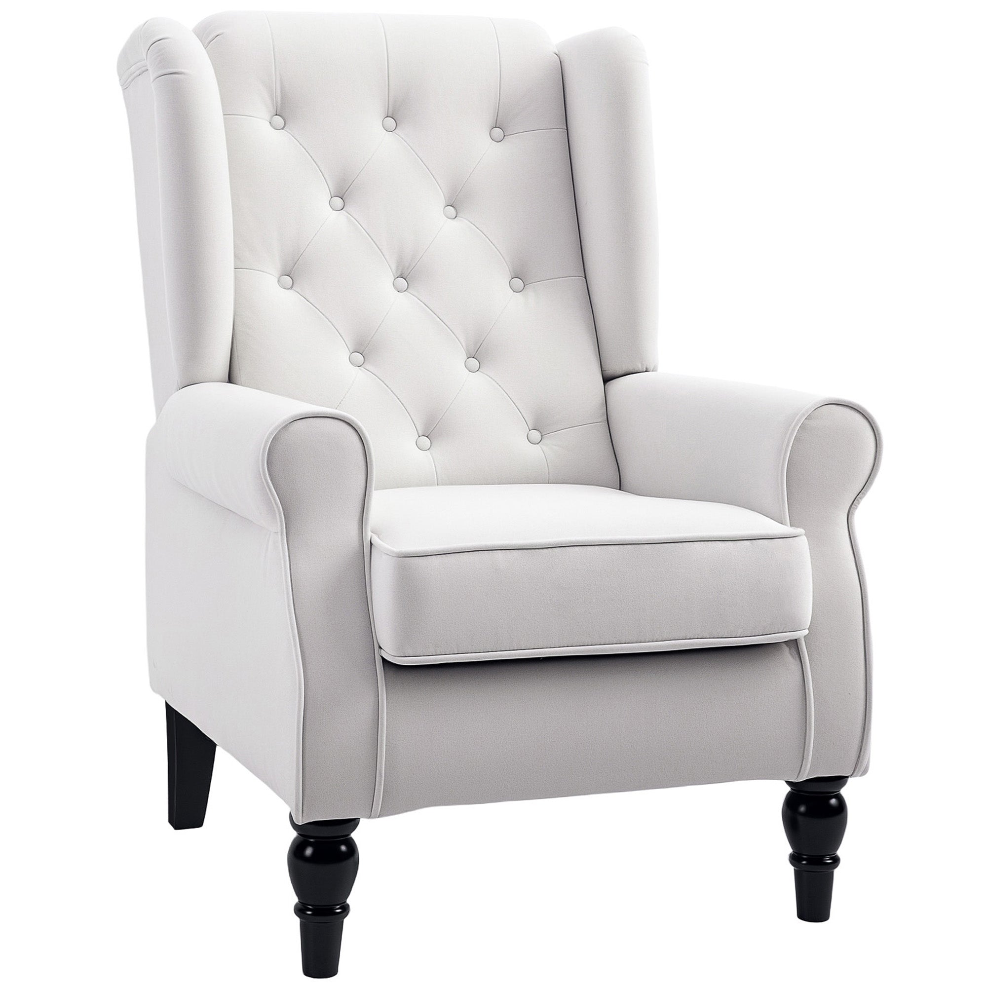 HOMCOM Fabric Accent Chair, Button Tufted Armchair, Upholstered Modern Living Room Chair, Wingback Chair with Wood Legs, Rolled Arms, Thick Padding for Bedroom, White