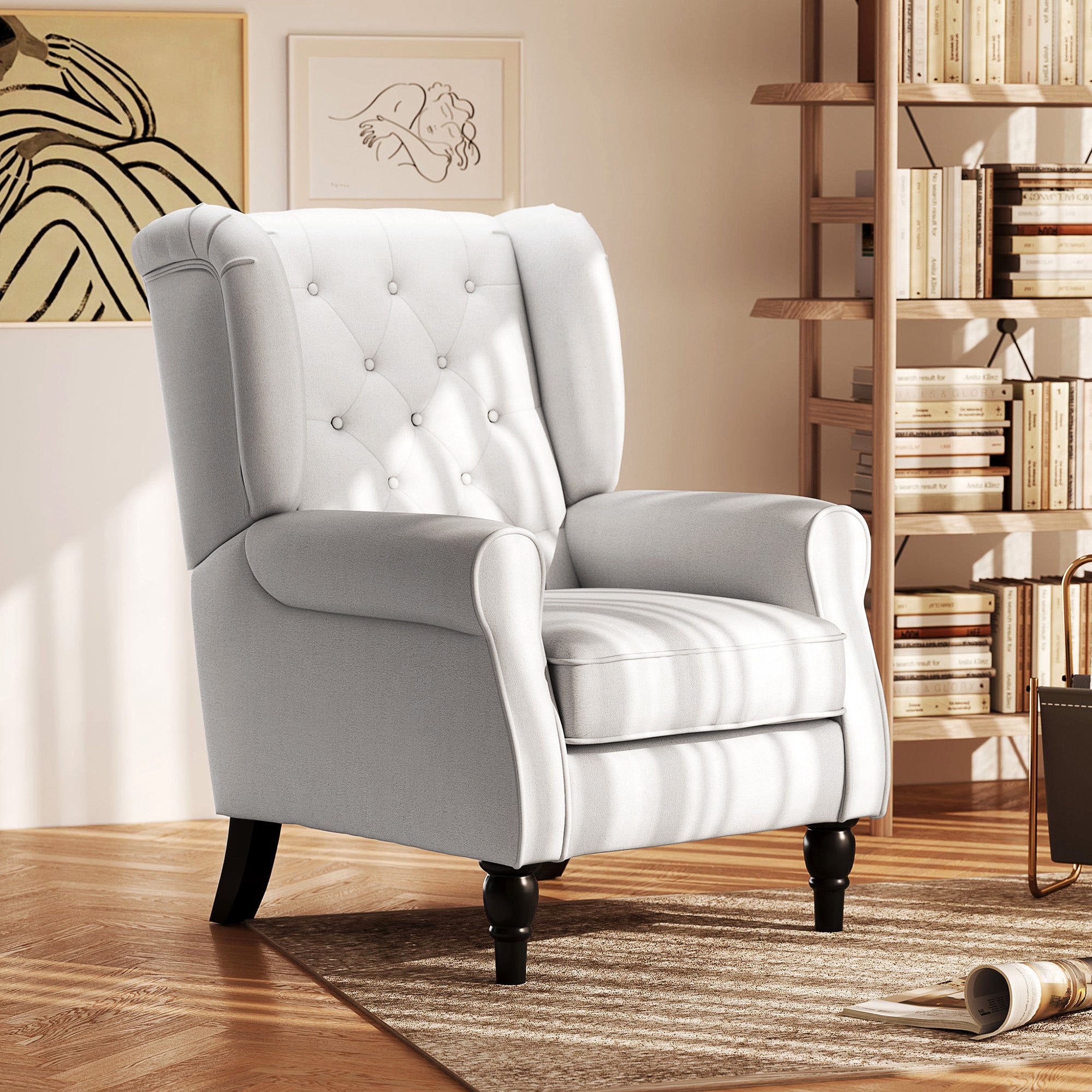 HOMCOM Fabric Accent Chair, Button Tufted Armchair, Upholstered Modern Living Room Chair, Wingback Chair with Wood Legs, Rolled Arms, Thick Padding for Bedroom, White
