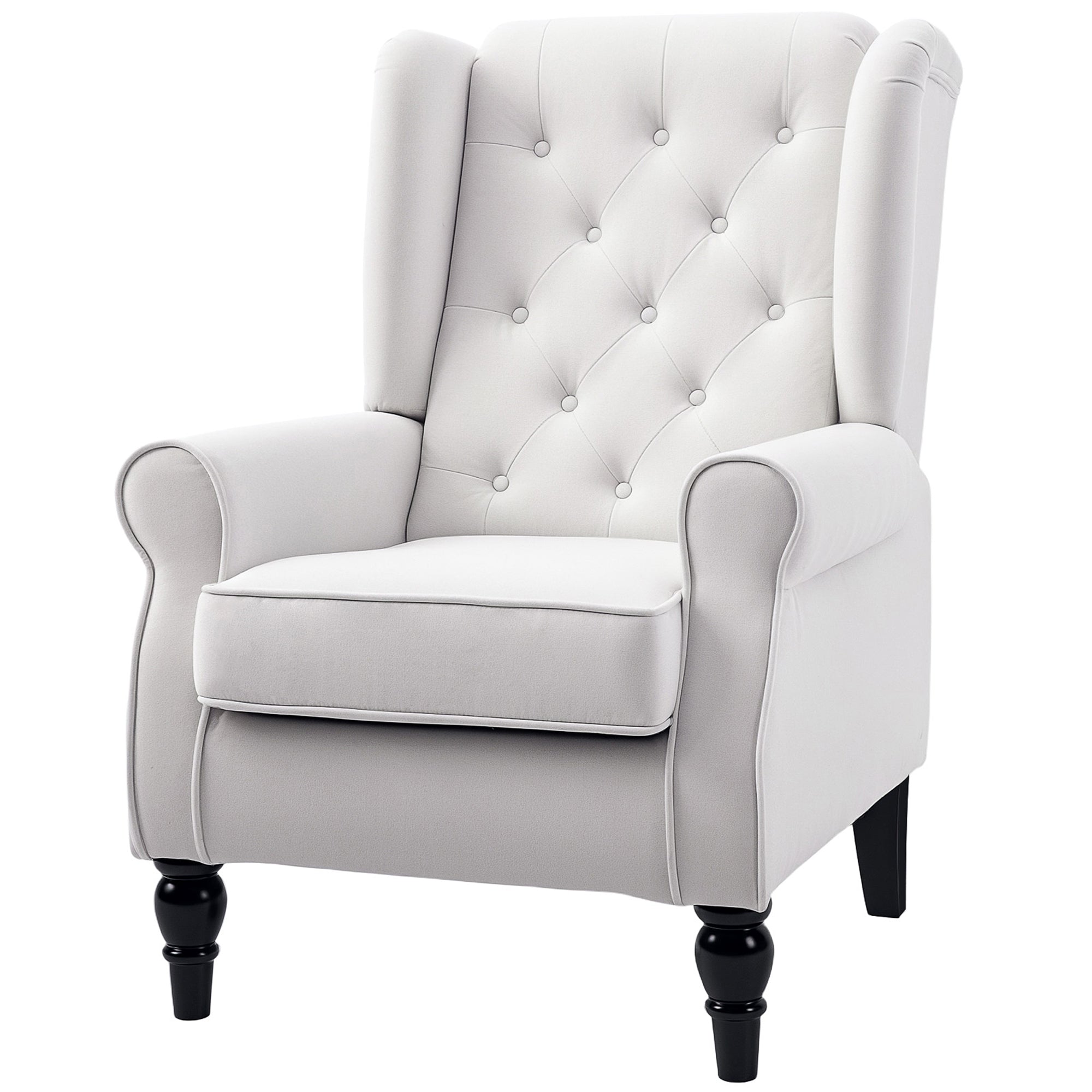 HOMCOM Fabric Accent Chair, Button Tufted Armchair, Upholstered Modern Living Room Chair, Wingback Chair with Wood Legs, Rolled Arms, Thick Padding for Bedroom, White