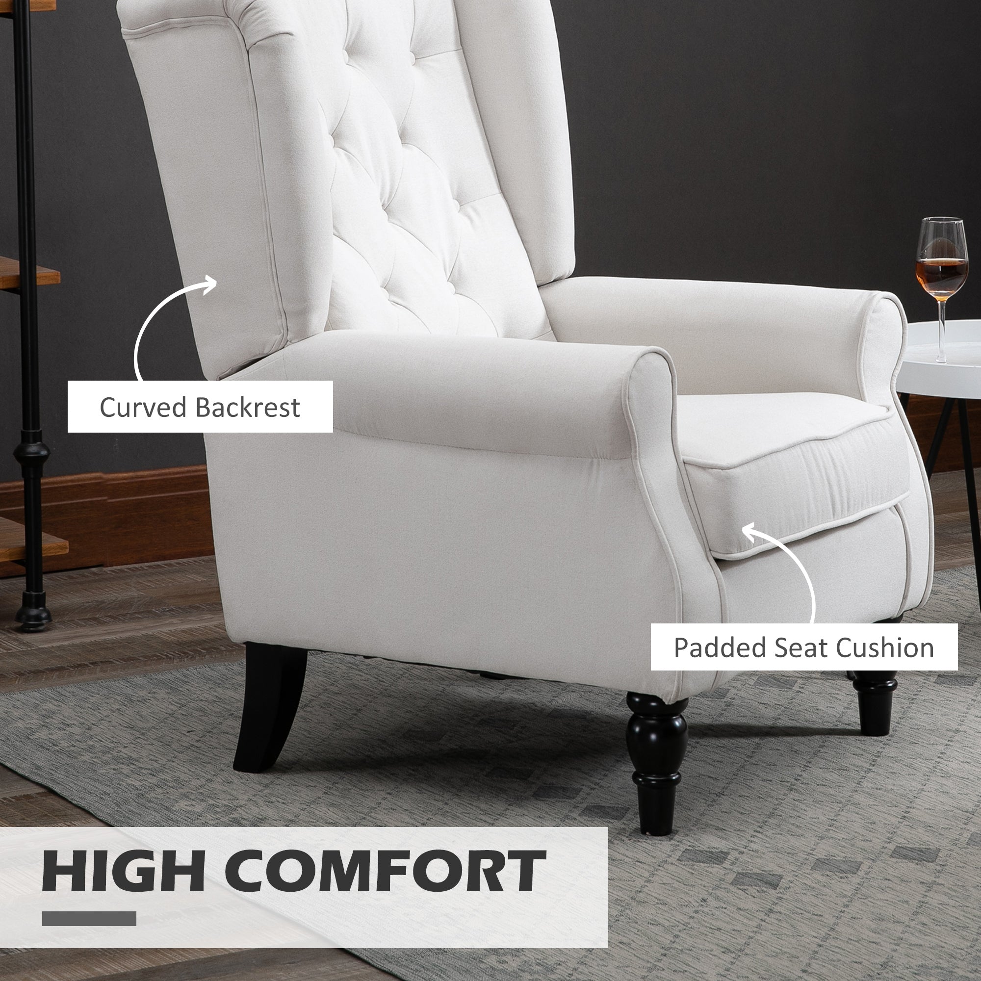 HOMCOM Fabric Accent Chair, Button Tufted Armchair, Upholstered Modern Living Room Chair, Wingback Chair with Wood Legs, Rolled Arms, Thick Padding for Bedroom, White