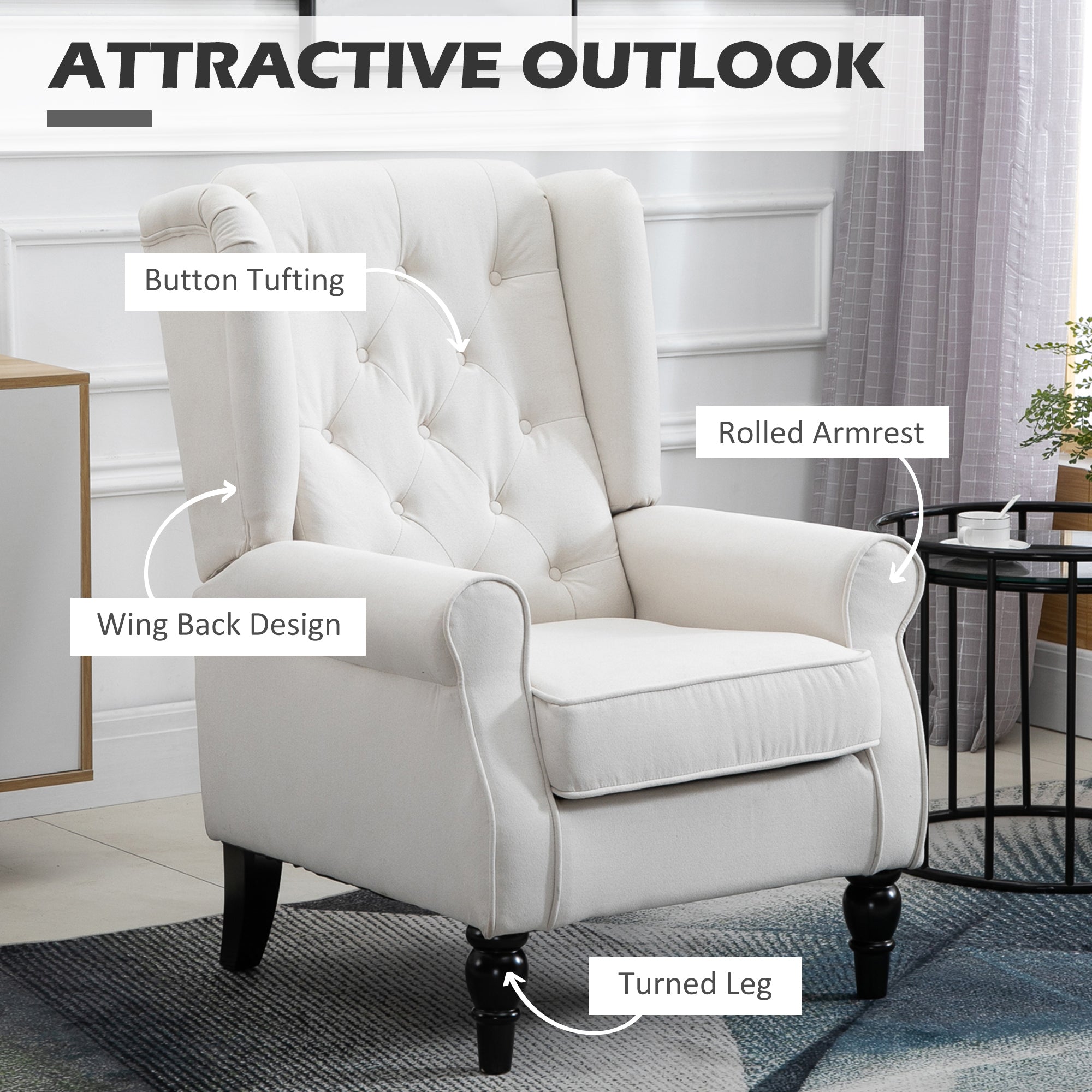 HOMCOM Fabric Accent Chair, Button Tufted Armchair, Upholstered Modern Living Room Chair, Wingback Chair with Wood Legs, Rolled Arms, Thick Padding for Bedroom, White