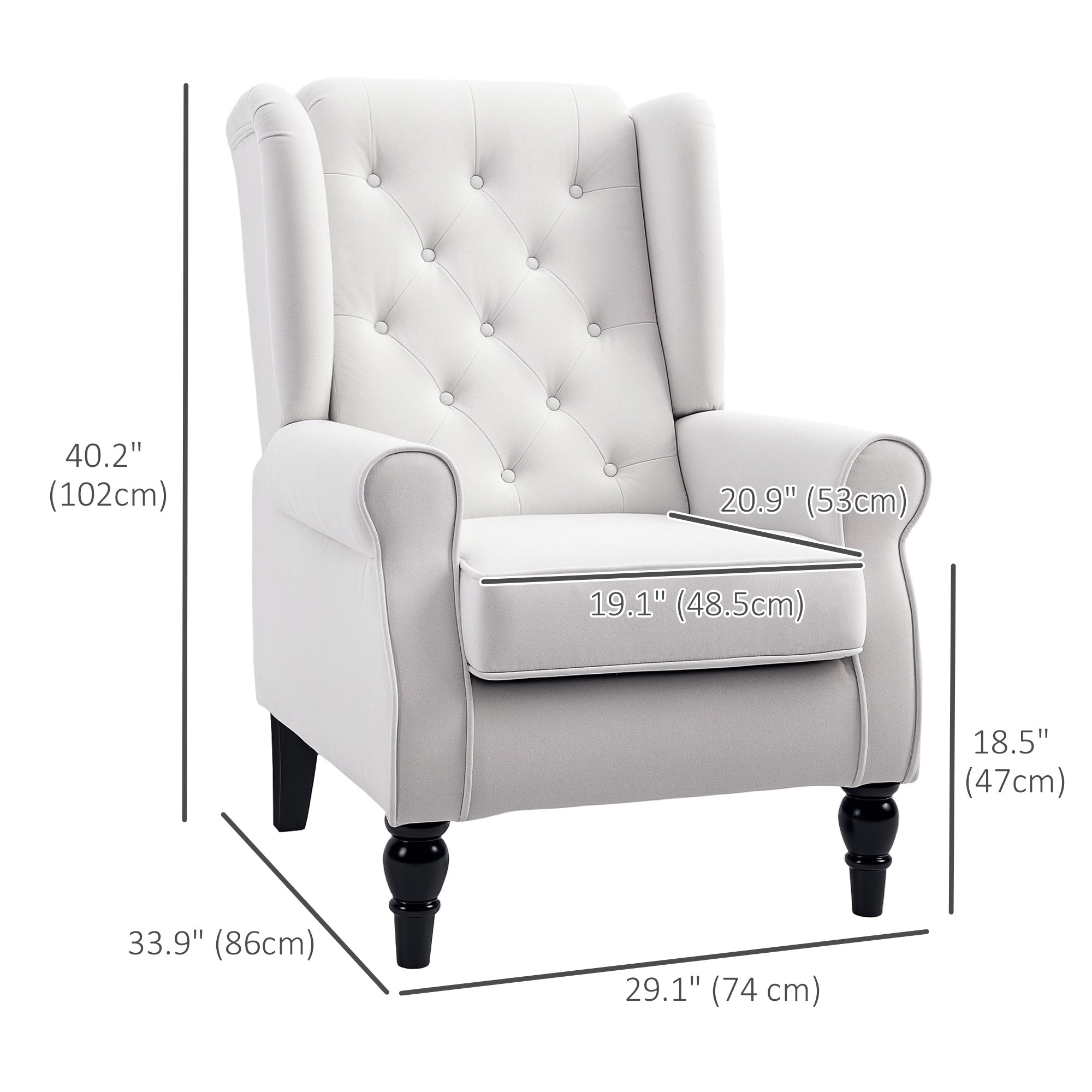 HOMCOM Fabric Accent Chair, Button Tufted Armchair, Upholstered Modern Living Room Chair, Wingback Chair with Wood Legs, Rolled Arms, Thick Padding for Bedroom, White