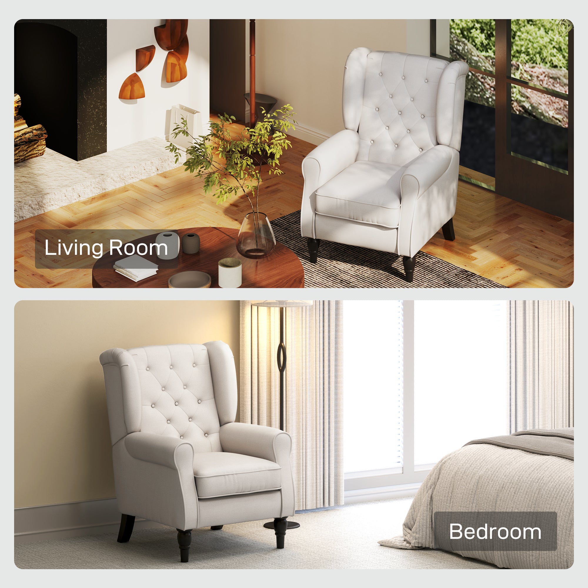 HOMCOM Fabric Accent Chair, Button Tufted Armchair, Upholstered Modern Living Room Chair, Wingback Chair with Wood Legs, Rolled Arms, Thick Padding for Bedroom, White
