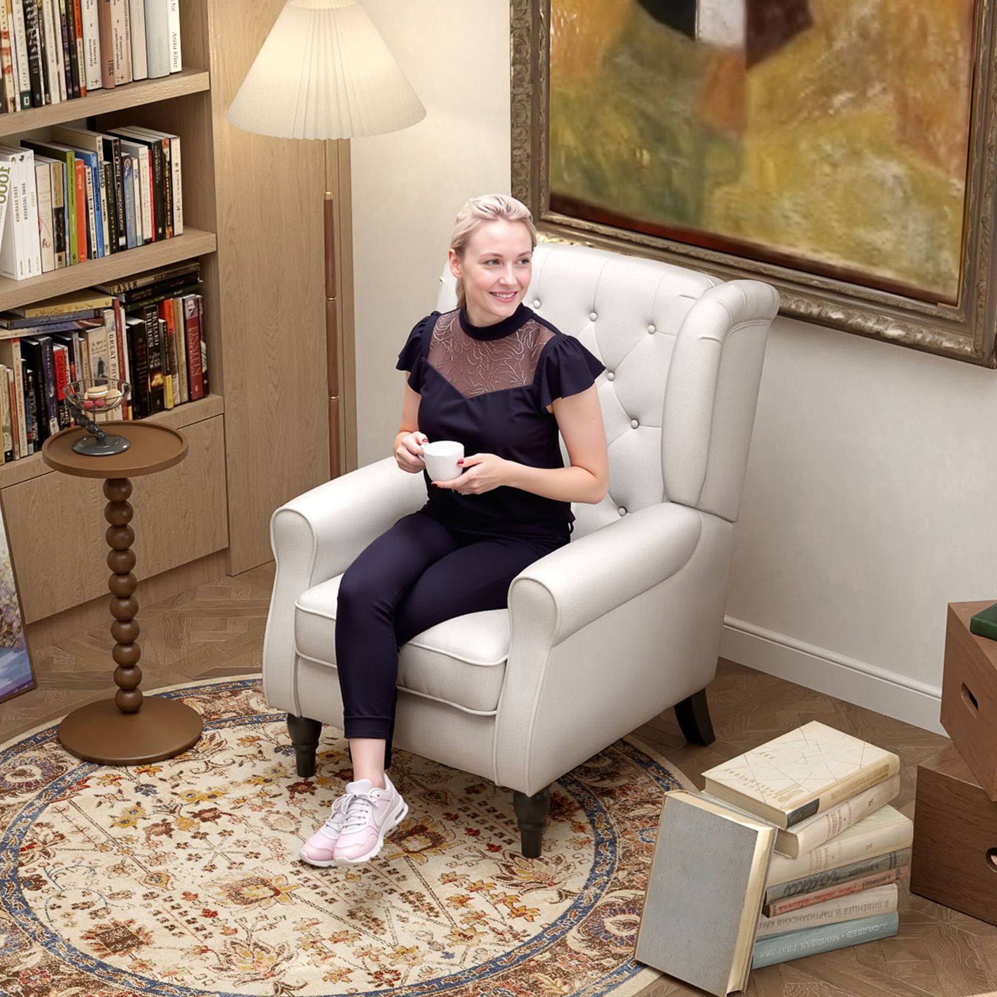 HOMCOM Fabric Accent Chair, Button Tufted Armchair, Upholstered Modern Living Room Chair, Wingback Chair with Wood Legs, Rolled Arms, Thick Padding for Bedroom, White