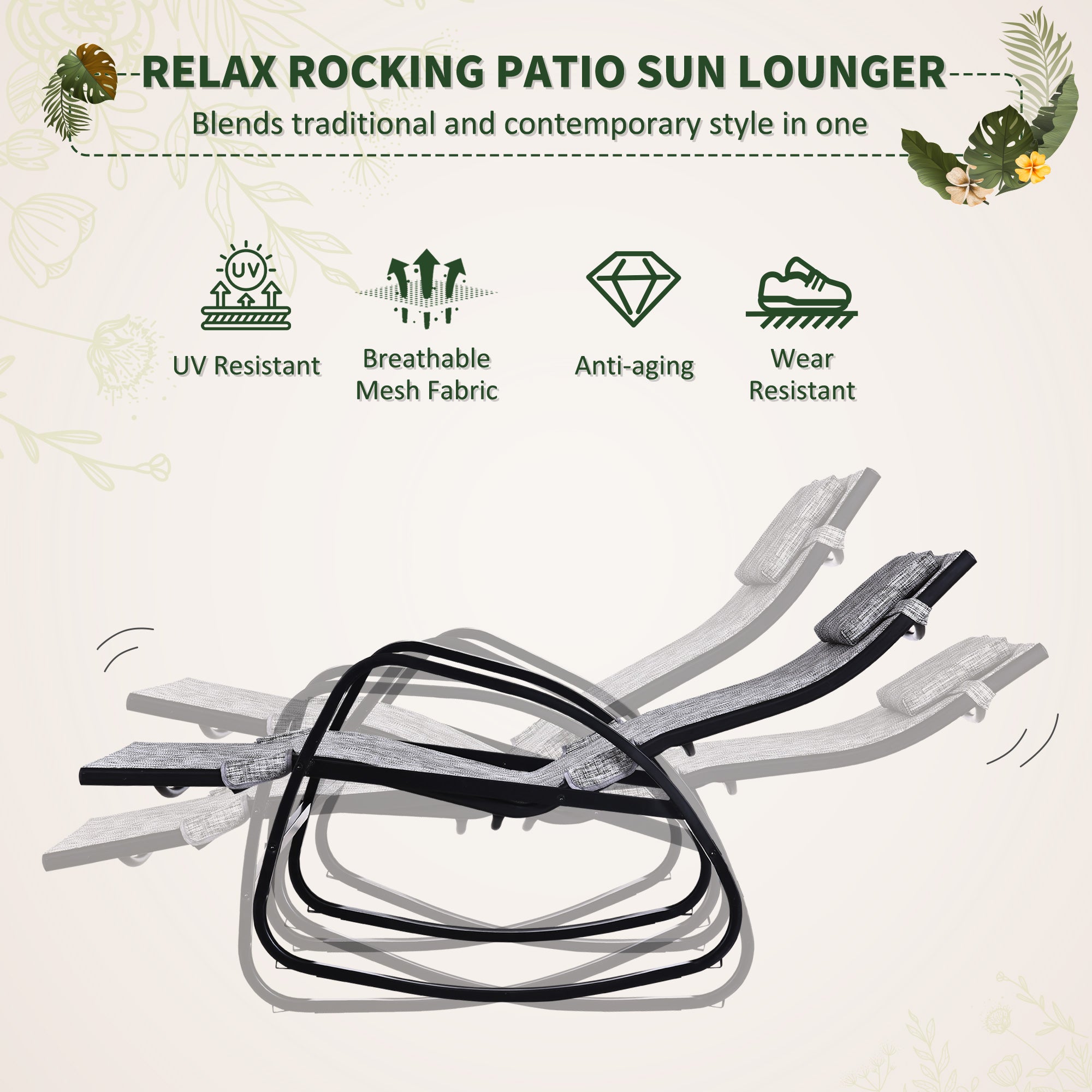 Outsunny Patio Adjustable Texteline Rocking Lounge Chair Zero Gravity Rocker Outdoor Recliner Seat w/ Pillow, Footrest