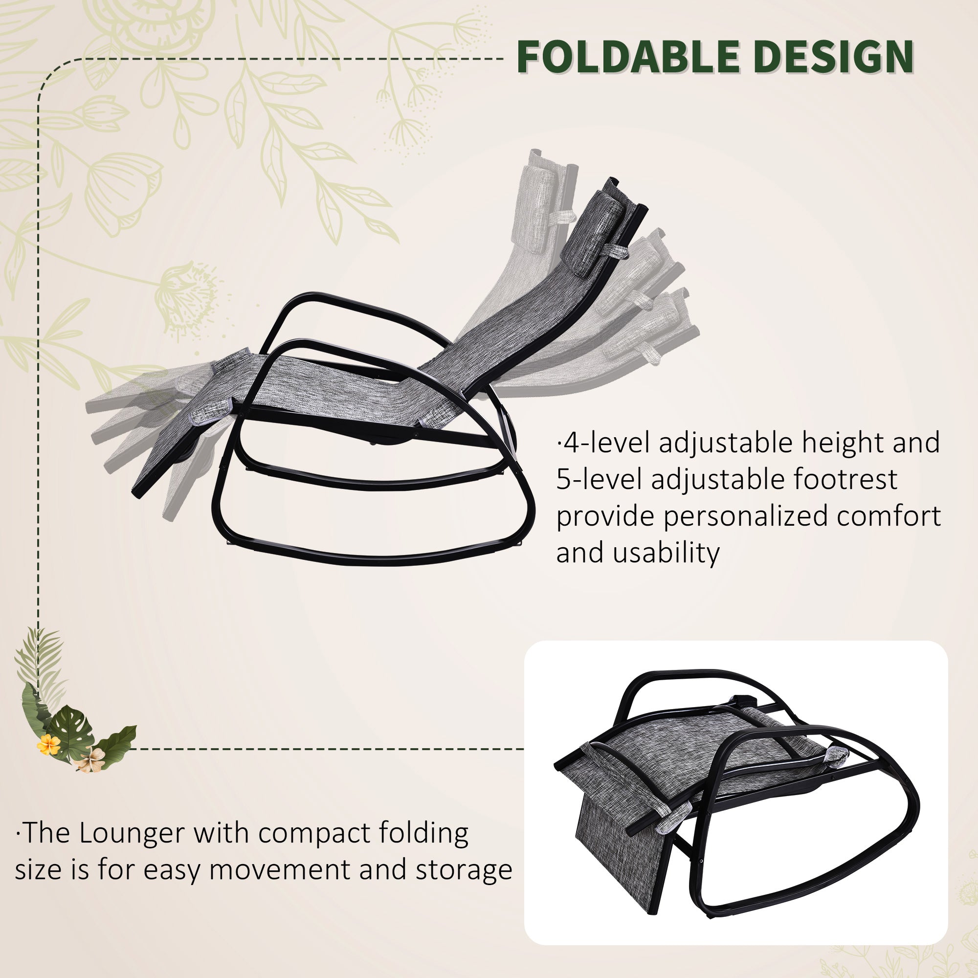 Outsunny Patio Adjustable Texteline Rocking Lounge Chair Zero Gravity Rocker Outdoor Recliner Seat w/ Pillow, Footrest