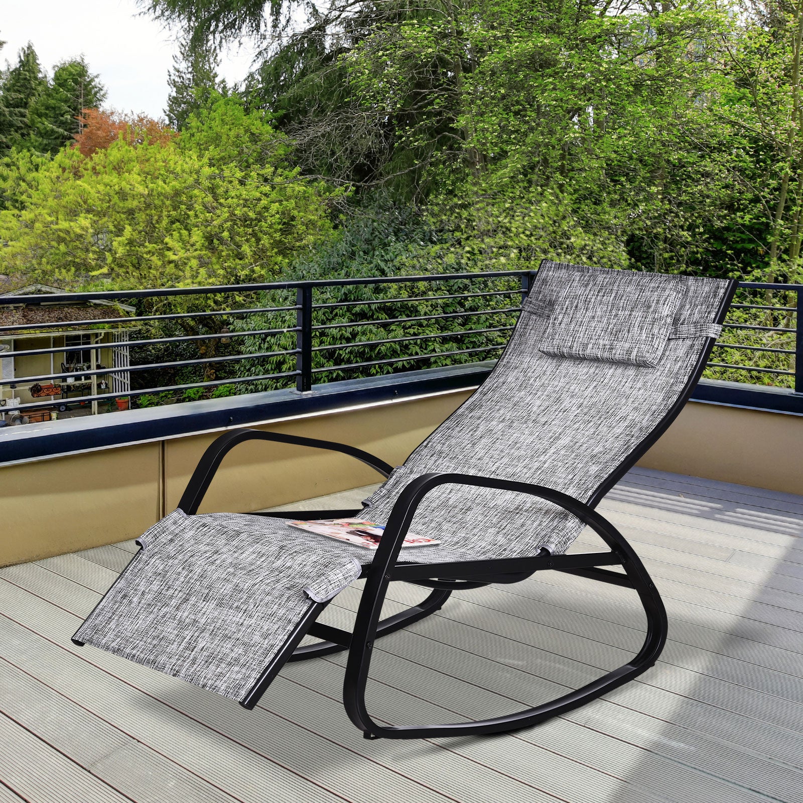 Outsunny Patio Adjustable Texteline Rocking Lounge Chair Zero Gravity Rocker Outdoor Recliner Seat w/ Pillow, Footrest