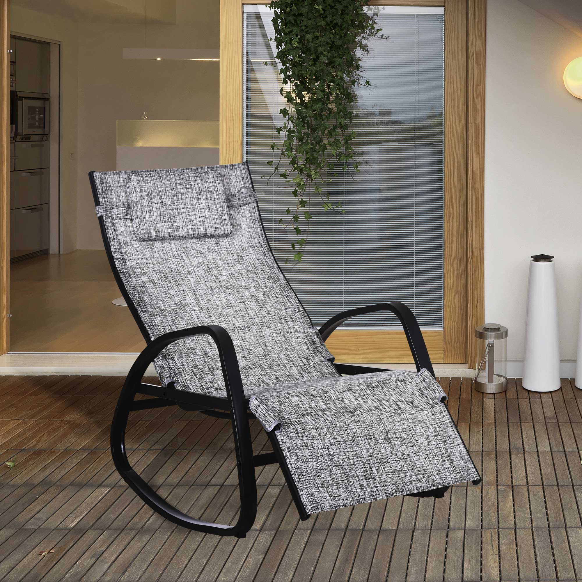Outsunny Patio Adjustable Texteline Rocking Lounge Chair Zero Gravity Rocker Outdoor Recliner Seat w/ Pillow, Footrest