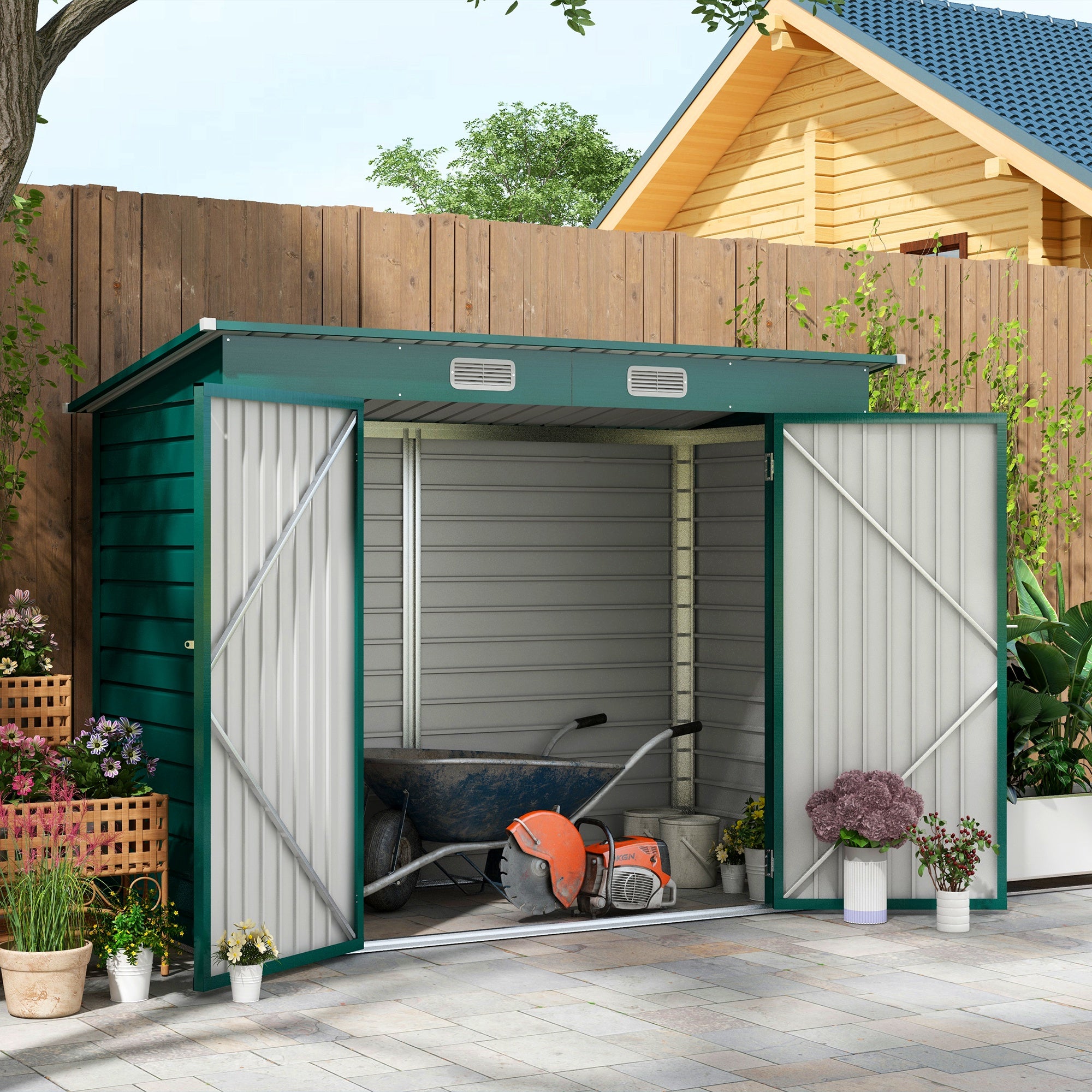 Outsunny 8 x 4FT Outdoor Storage Shed, Galvanized Metal Garden Shed, Waterproof Tool Shed with 2 Vents for Backyard, Lawn, Patio, Green