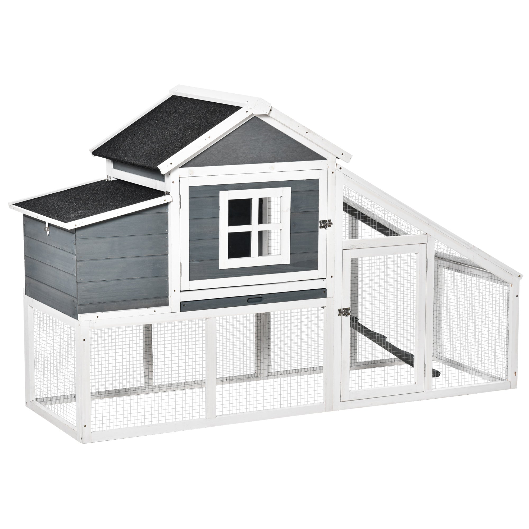 PawHut Chicken Coop, Rabbit Hutch, Hen House, Wooden Poultry Habitat with Outdoor Run, Nesting Box, Slide Out Tray, Lockable Doors, Ramp, Window, 176 x 66 x 110cm, White