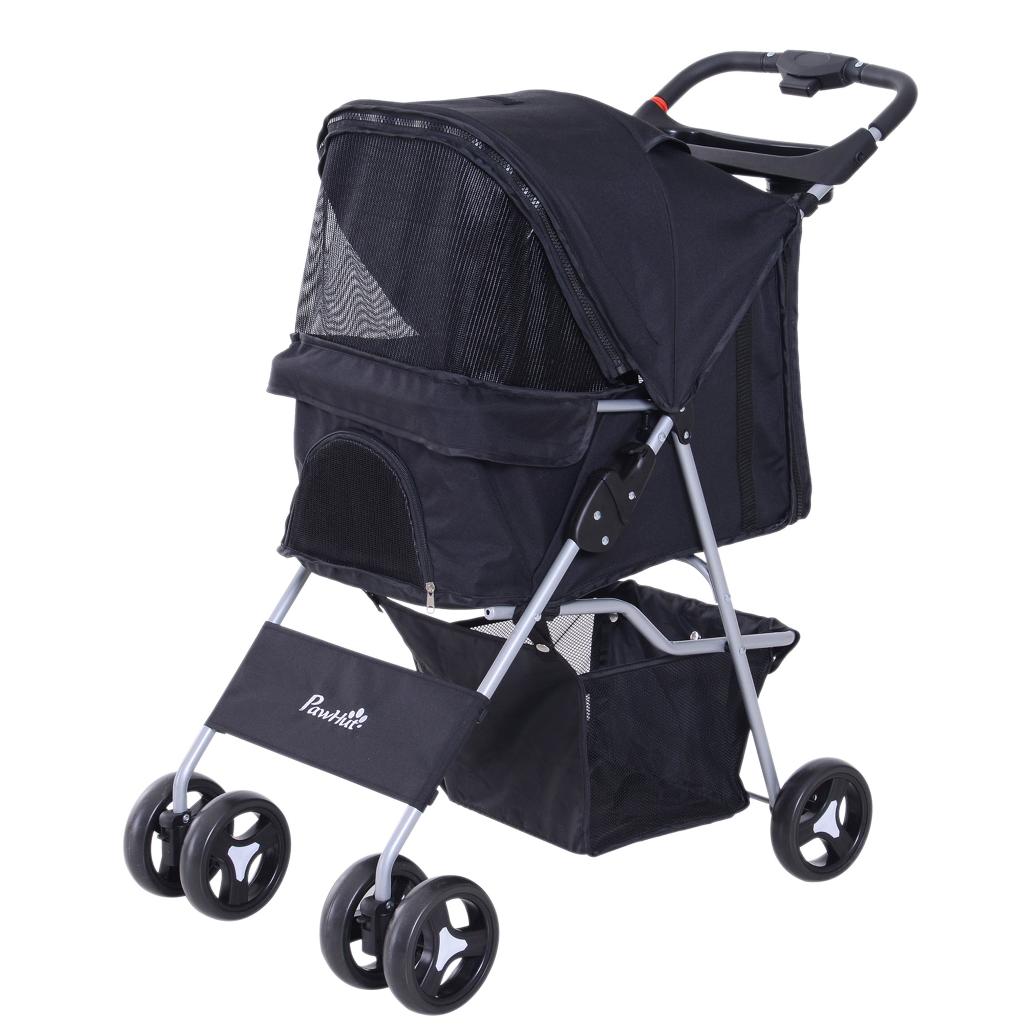 PawHut Dog Stroller, Foldable Pet Stroller for XS and Small Dogs and Cats, 4 Wheels Travel Carrier with Cup Holder, Storage Basket, 360° Wwiveling Front Wheels, Black