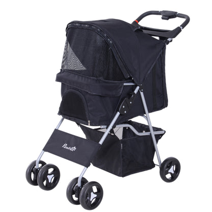 PawHut Dog Stroller, Foldable Pet Stroller for XS and Small Dogs and Cats, 4 Wheels Travel Carrier with Cup Holder, Storage Basket, 360° Wwiveling Front Wheels, Black