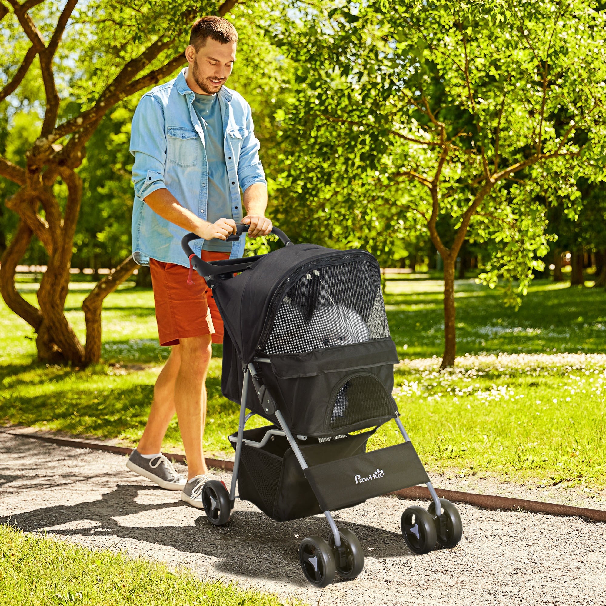 PawHut Dog Stroller, Foldable Pet Stroller for XS and Small Dogs and Cats, 4 Wheels Travel Carrier with Cup Holder, Storage Basket, 360° Wwiveling Front Wheels, Black