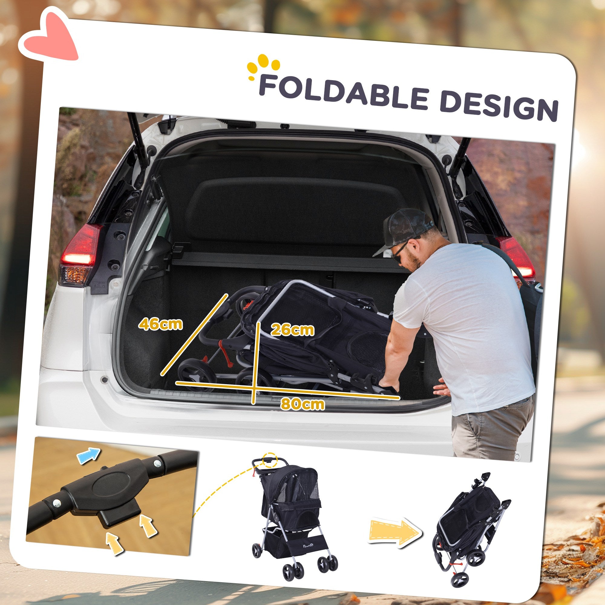 PawHut Dog Stroller, Foldable Pet Stroller for XS and Small Dogs and Cats, 4 Wheels Travel Carrier with Cup Holder, Storage Basket, 360° Wwiveling Front Wheels, Black