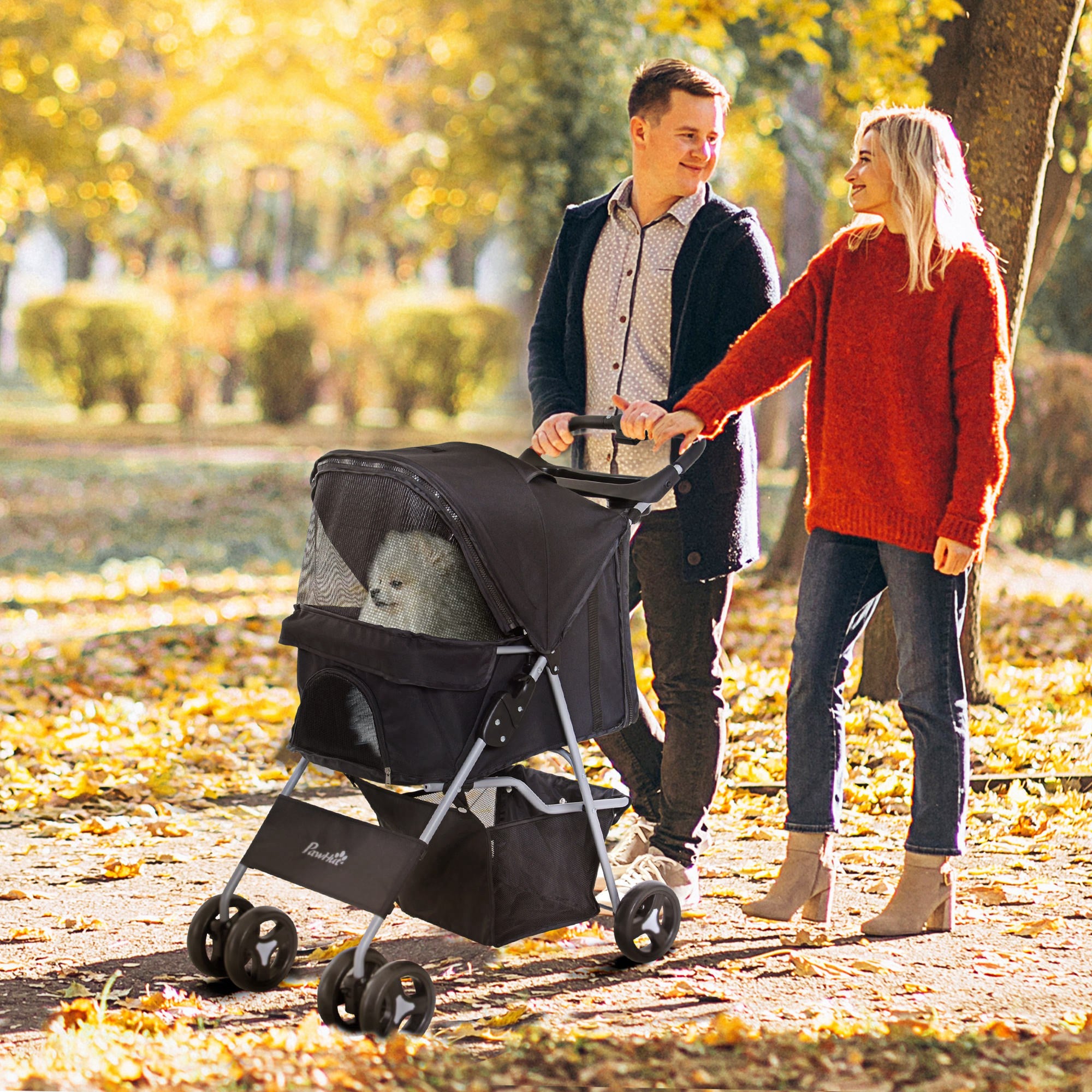 PawHut Dog Stroller, Foldable Pet Stroller for XS and Small Dogs and Cats, 4 Wheels Travel Carrier with Cup Holder, Storage Basket, 360° Wwiveling Front Wheels, Black