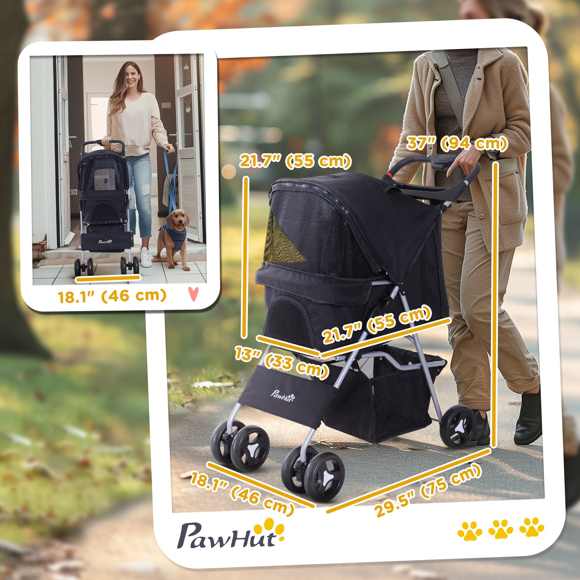 PawHut Dog Stroller, Foldable Pet Stroller for XS and Small Dogs and Cats, 4 Wheels Travel Carrier with Cup Holder, Storage Basket, 360° Wwiveling Front Wheels, Black