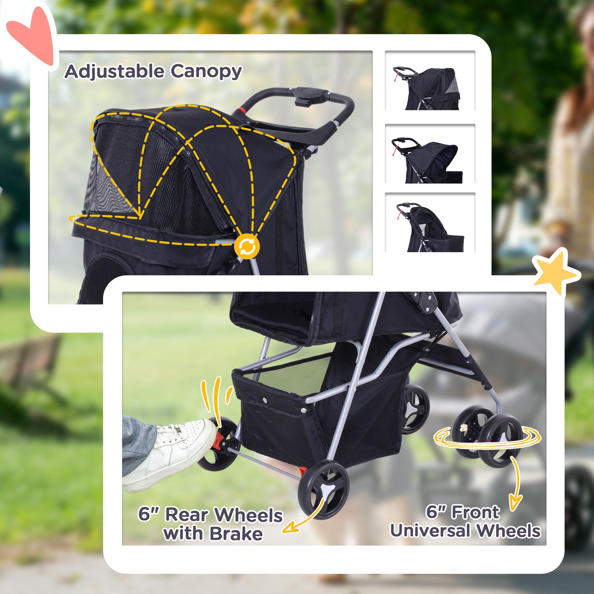 PawHut Dog Stroller, Foldable Pet Stroller for XS and Small Dogs and Cats, 4 Wheels Travel Carrier with Cup Holder, Storage Basket, 360° Wwiveling Front Wheels, Black
