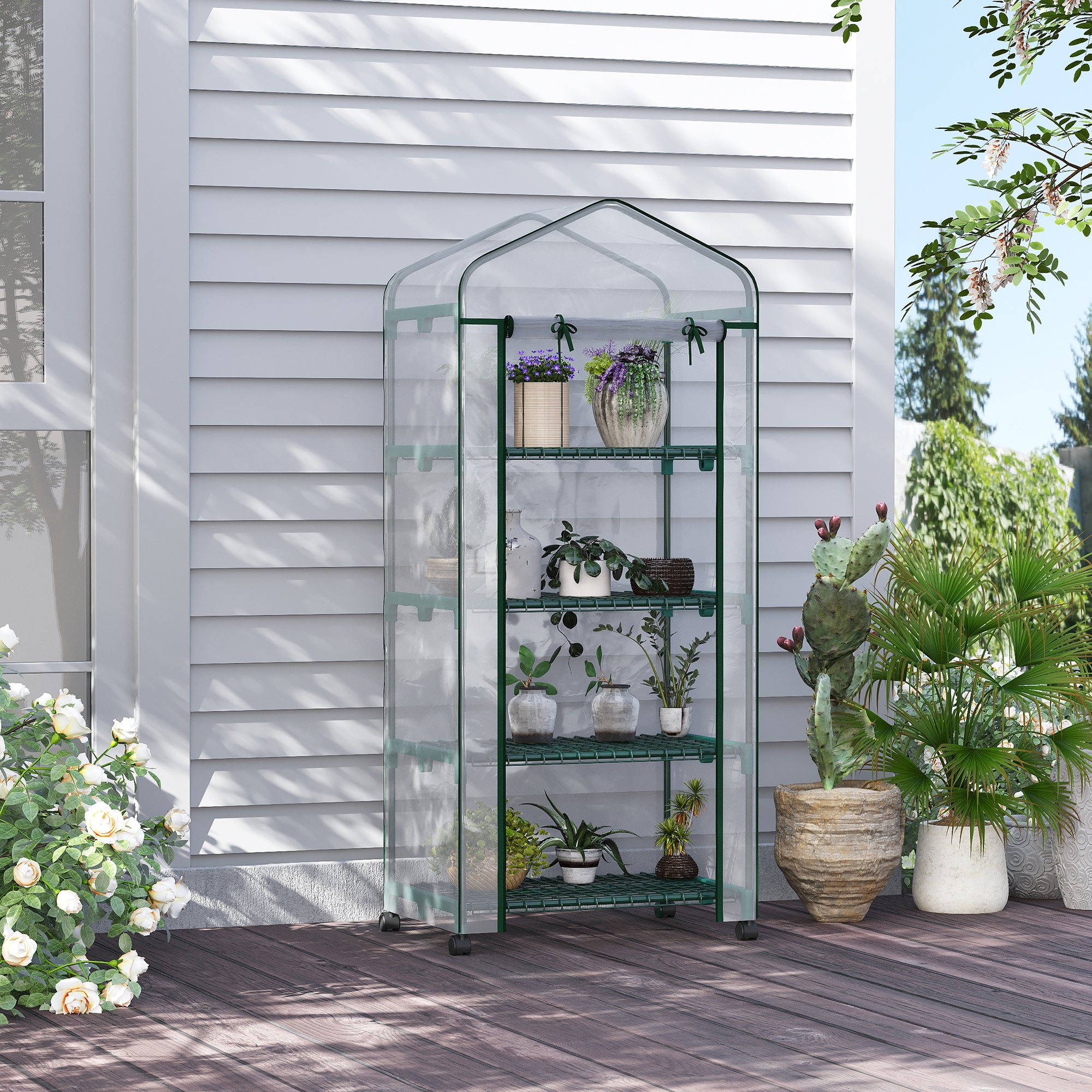 Outsunny 27" x 20" x 65" Portable Greenhouse with 4 Tier Shelves and Wheels, Outdoor Hot House Plant Flower Greenhouse, Steel Frame, Plastic Cover, Clear