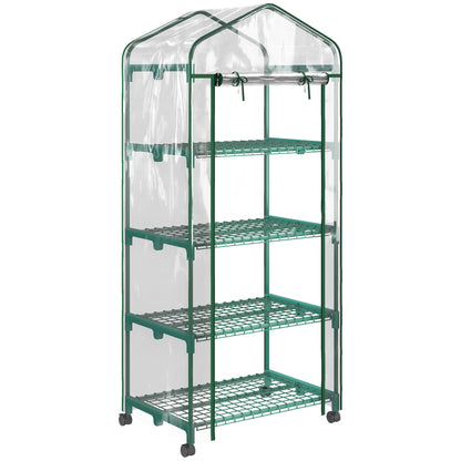 Outsunny 27" x 20" x 65" Portable Greenhouse with 4 Tier Shelves and Wheels, Outdoor Hot House Plant Flower Greenhouse, Steel Frame, Plastic Cover, Clear