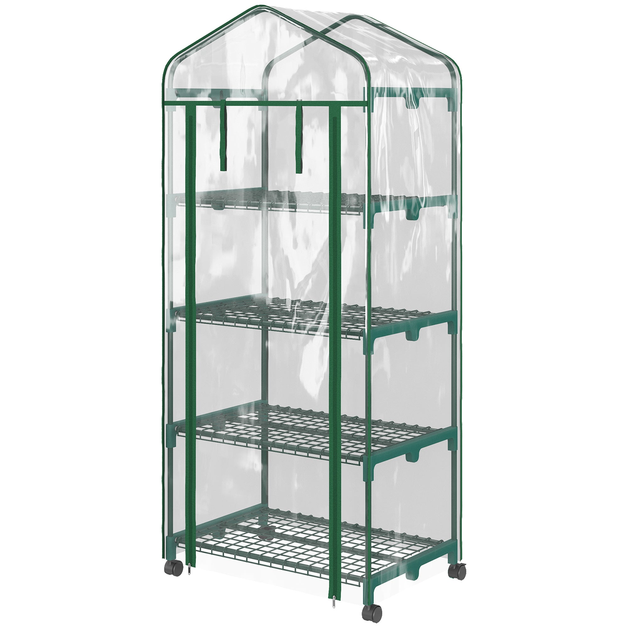 Outsunny 27" x 20" x 65" Portable Greenhouse with 4 Tier Shelves and Wheels, Outdoor Hot House Plant Flower Greenhouse, Steel Frame, Plastic Cover, Clear