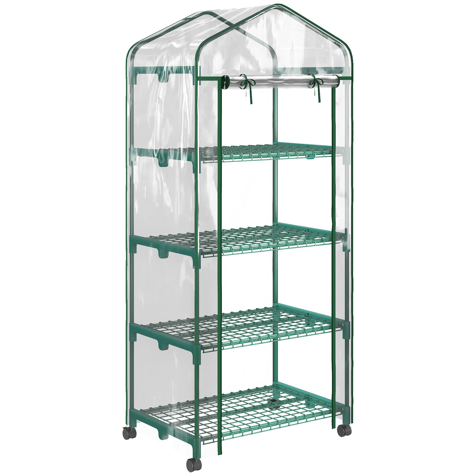 Outsunny 27" x 20" x 65" Portable Greenhouse with 4 Tier Shelves and Wheels, Outdoor Hot House Plant Flower Greenhouse, Steel Frame, Plastic Cover, Clear