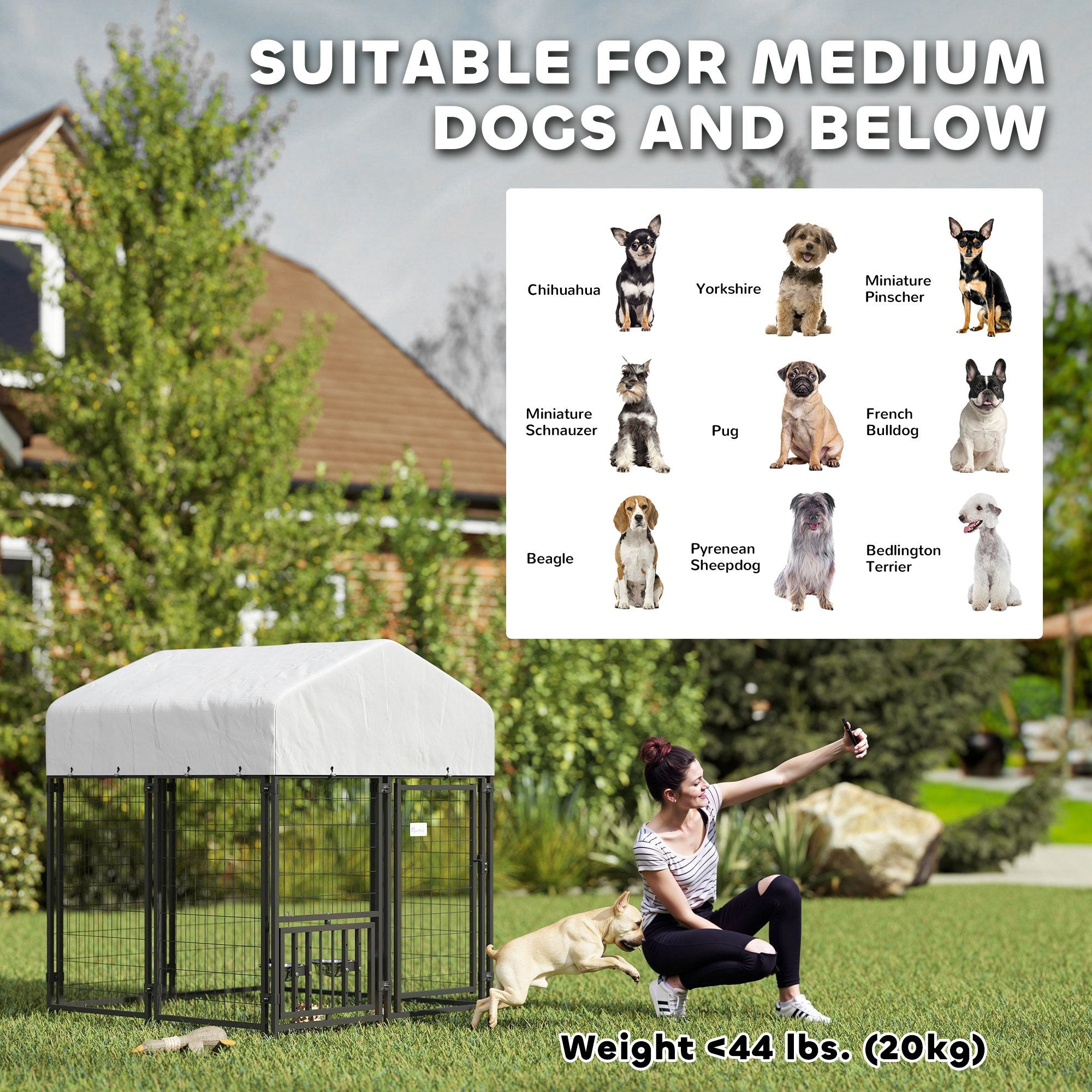 PawHut 3.9' x 3.9' x 4.5' Outdoor Dog Kennel, Welded Wire Heavy Duty Dog Run with 360° Rotating & 4 Level Adjustable Bowls, Dog Kennel Outside with Waterproof & UV Resistant Cover, for S&M Dogs