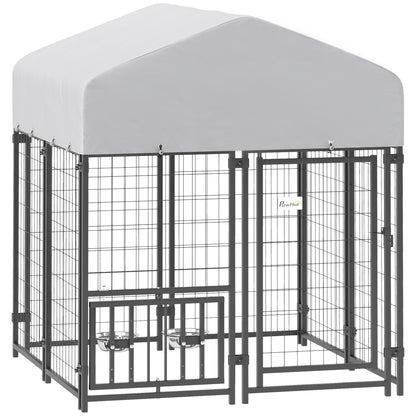 PawHut 3.9' x 3.9' x 4.5' Outdoor Dog Kennel, Welded Wire Heavy Duty Dog Run with 360° Rotating & 4 Level Adjustable Bowls, Dog Kennel Outside with Waterproof & UV Resistant Cover, for S&M Dogs