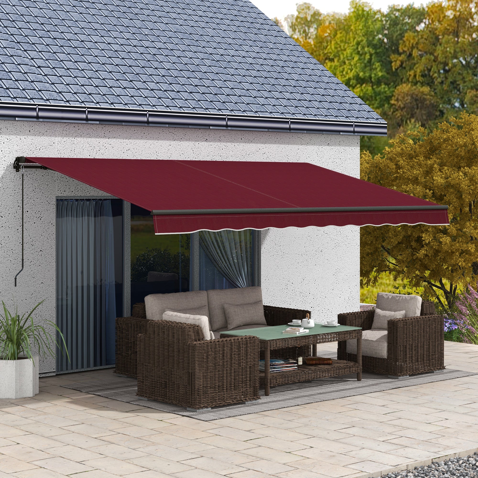 Outsunny 15' x 10' Retractable Awning, Patio Awning Sunshade Shelter with Manual Crank Handle, 280gsm UV Resistant Fabric and Aluminum Frame, for Balcony, Yard, Wine Red