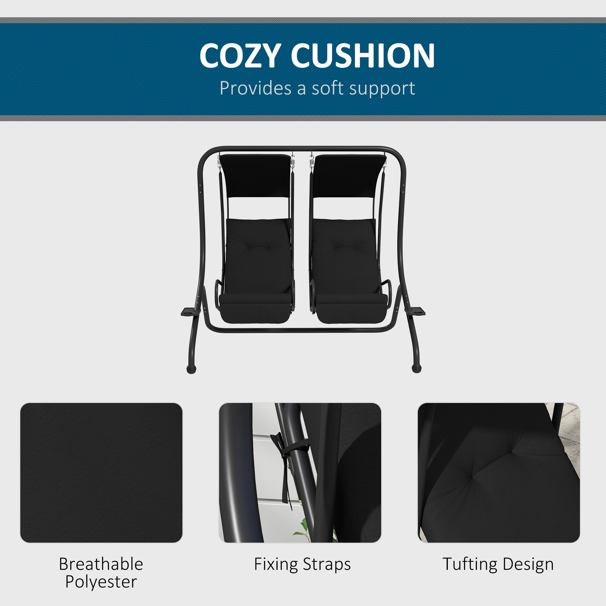 Outsunny Luxury Patio Swing Metal Outdoor Porch Swing Chair 2 Separated Seater Hammock Heavy-Duty with Canopy and Cushions, Black