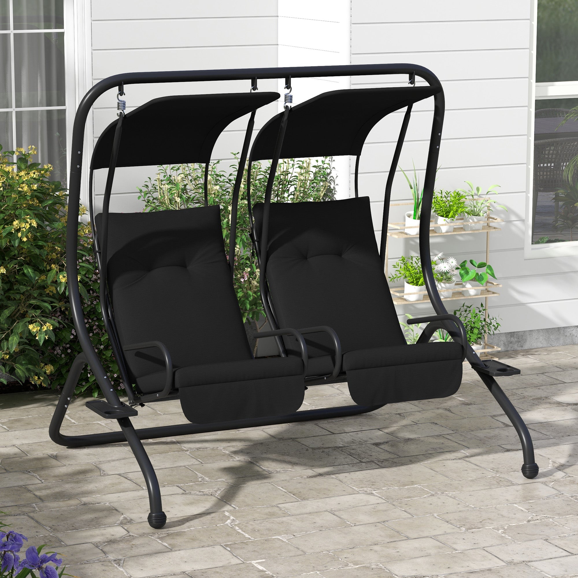 Outsunny Luxury Patio Swing Metal Outdoor Porch Swing Chair 2 Separated Seater Hammock Heavy-Duty with Canopy and Cushions, Black