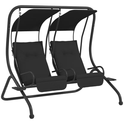 Outsunny Luxury Patio Swing Metal Outdoor Porch Swing Chair 2 Separated Seater Hammock Heavy-Duty with Canopy and Cushions, Black