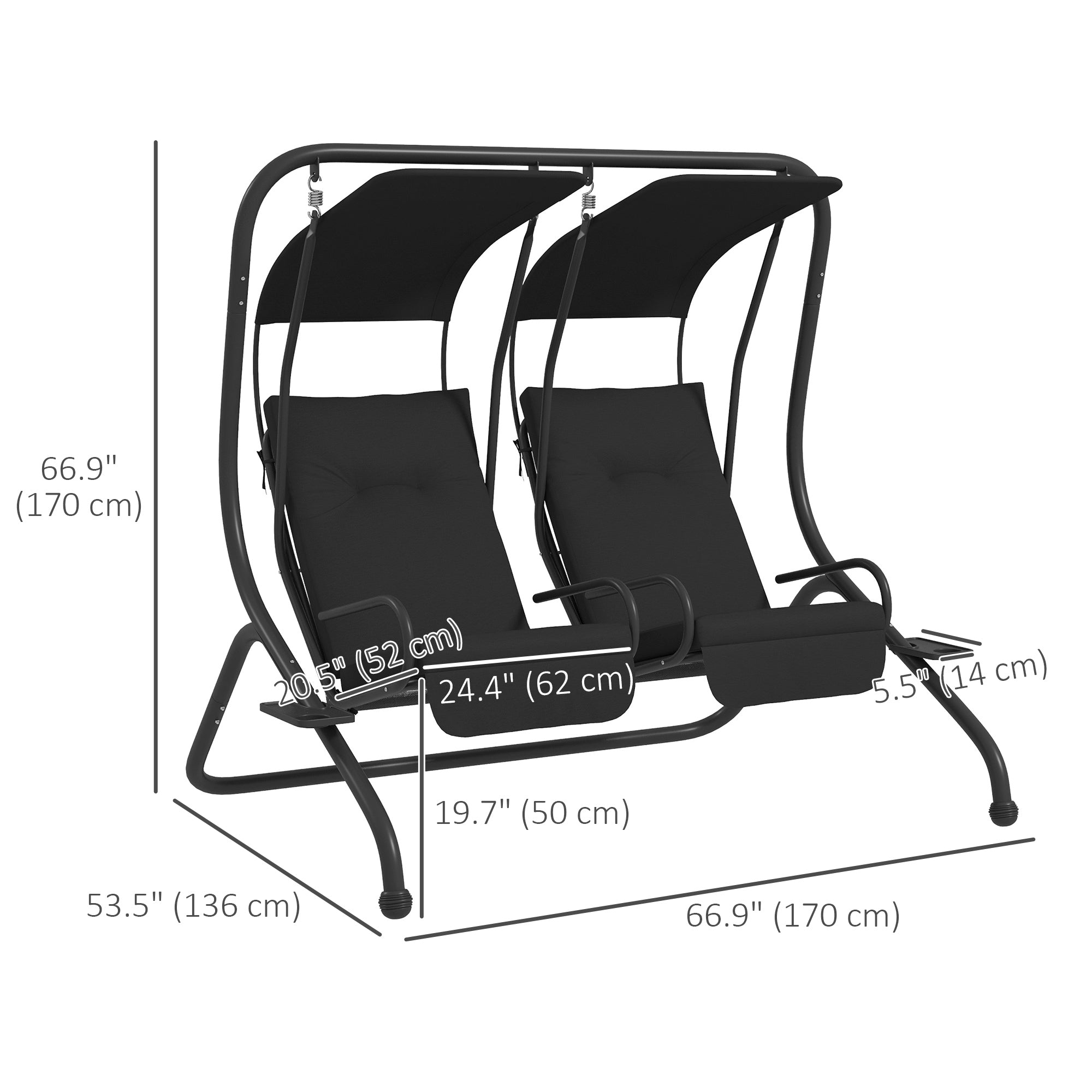 Outsunny Luxury Patio Swing Metal Outdoor Porch Swing Chair 2 Separated Seater Hammock Heavy-Duty with Canopy and Cushions, Black
