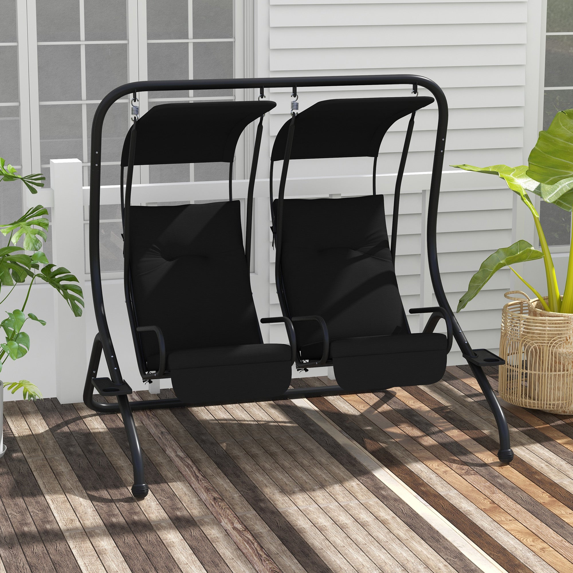Outsunny Luxury Patio Swing Metal Outdoor Porch Swing Chair 2 Separated Seater Hammock Heavy-Duty with Canopy and Cushions, Black