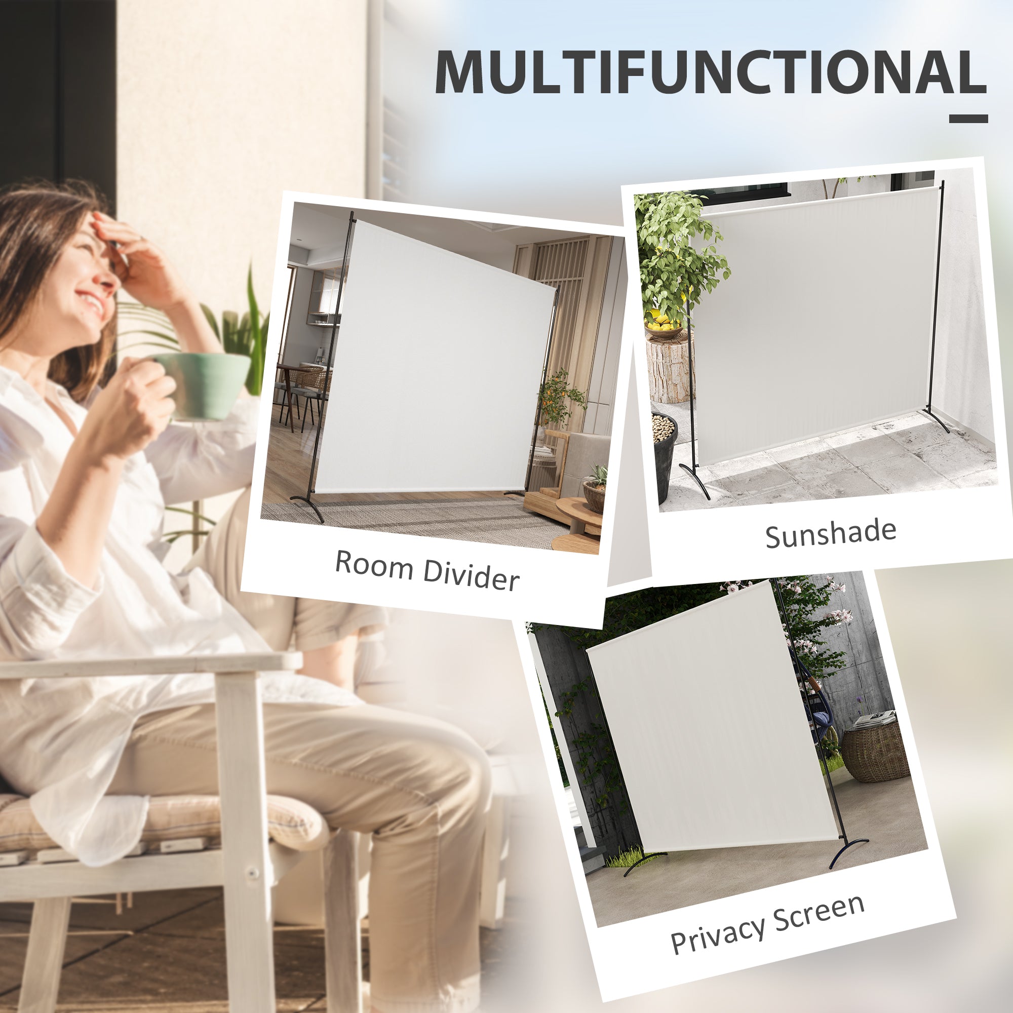 Outsunny Single Outdoor Privacy Screen, 5.9FT Tall Room Divider with UV30+ Protection, Freestanding Privacy Panel Partition with Stable Base for Indoor Outdoor Use, Beige