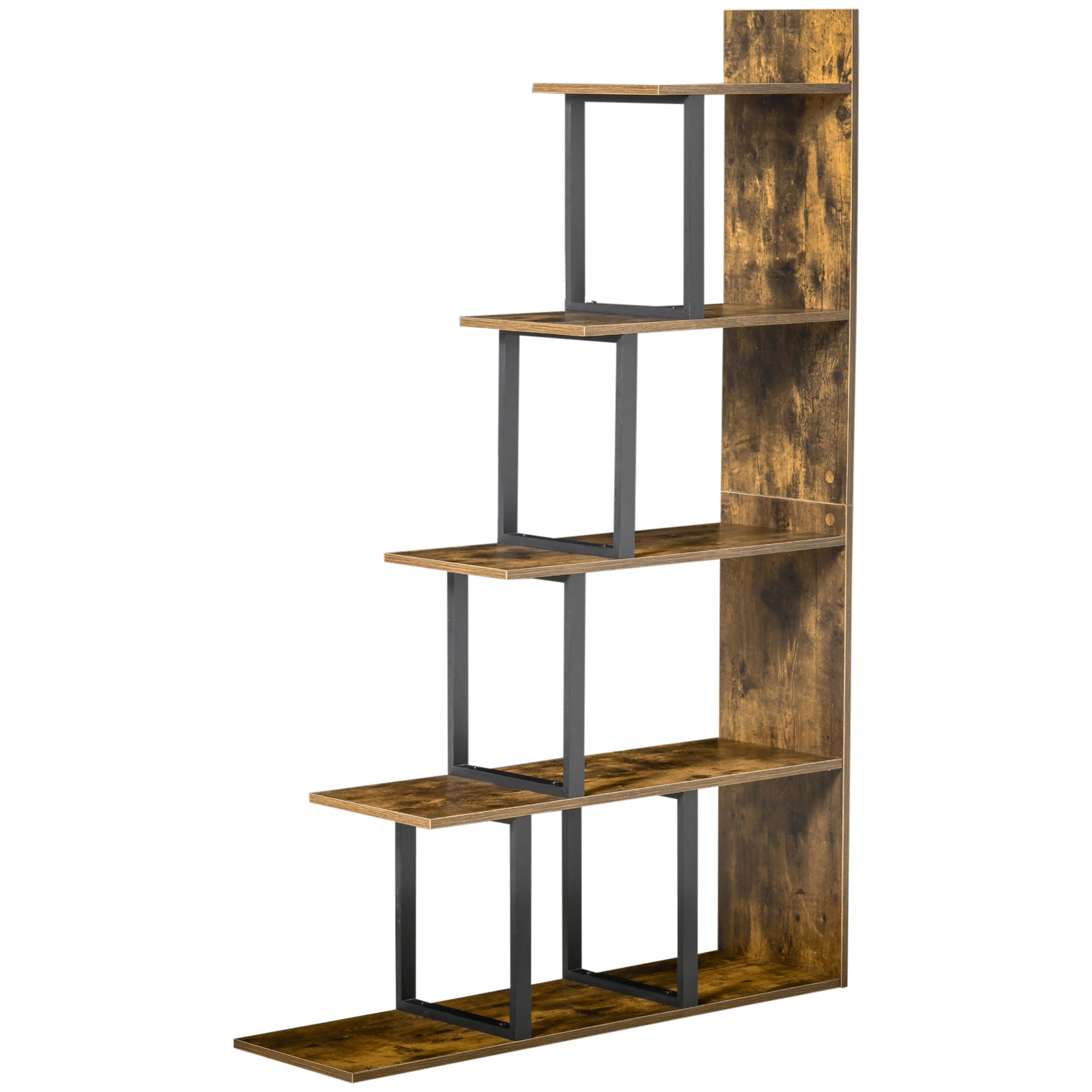 HOMCOM Industrial Bookcase 5-Tier Wooden Ladder Bookshelf Display Stand Organizer for Livingroom Indoor Corner Shelf - Rustic Brown