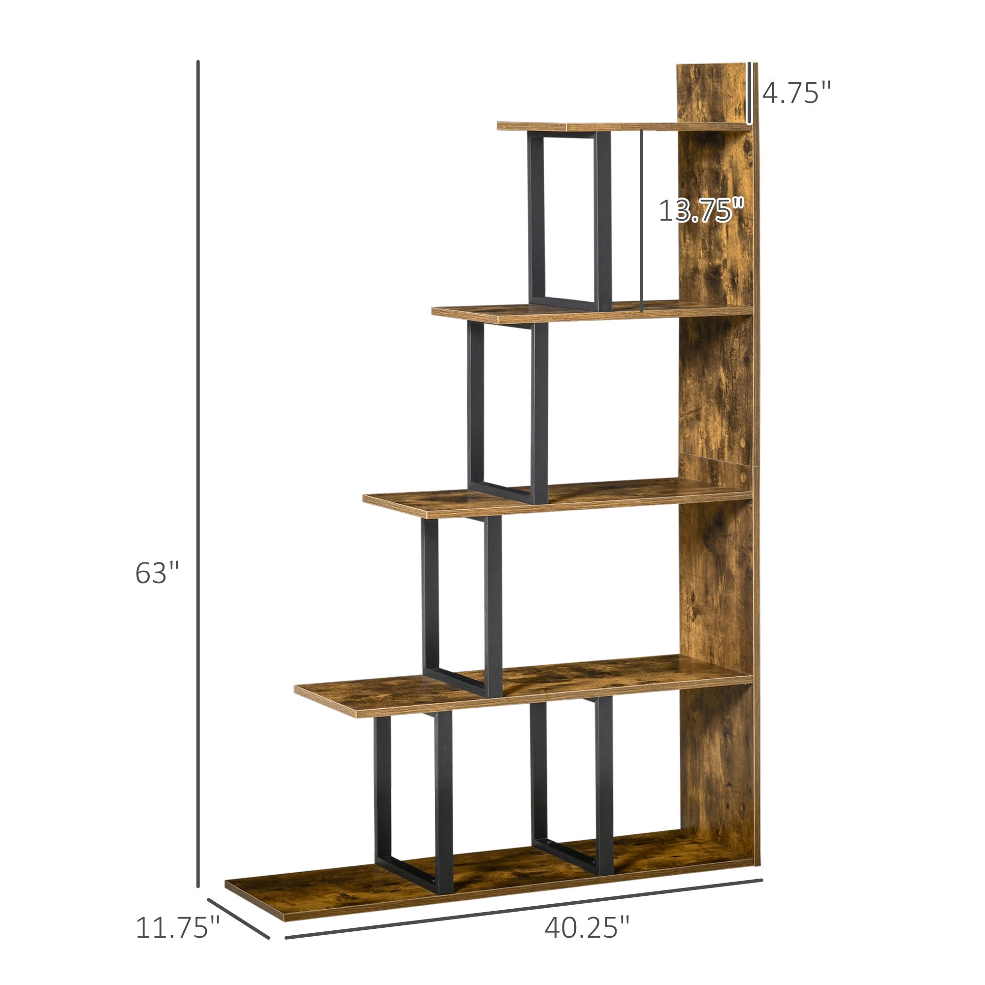 HOMCOM Industrial Bookcase 5-Tier Wooden Ladder Bookshelf Display Stand Organizer for Livingroom Indoor Corner Shelf - Rustic Brown