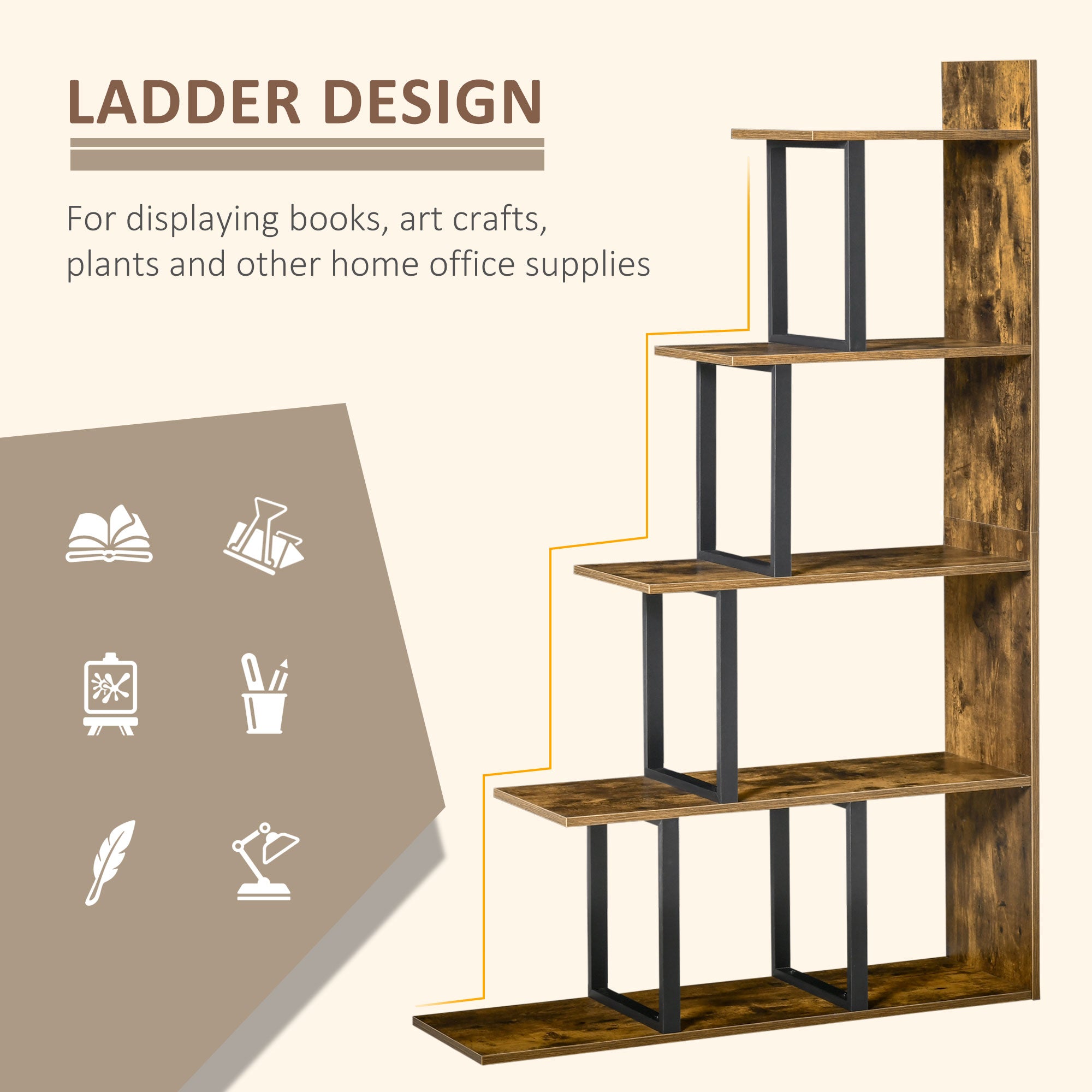 HOMCOM Industrial Bookcase 5-Tier Wooden Ladder Bookshelf Display Stand Organizer for Livingroom Indoor Corner Shelf - Rustic Brown
