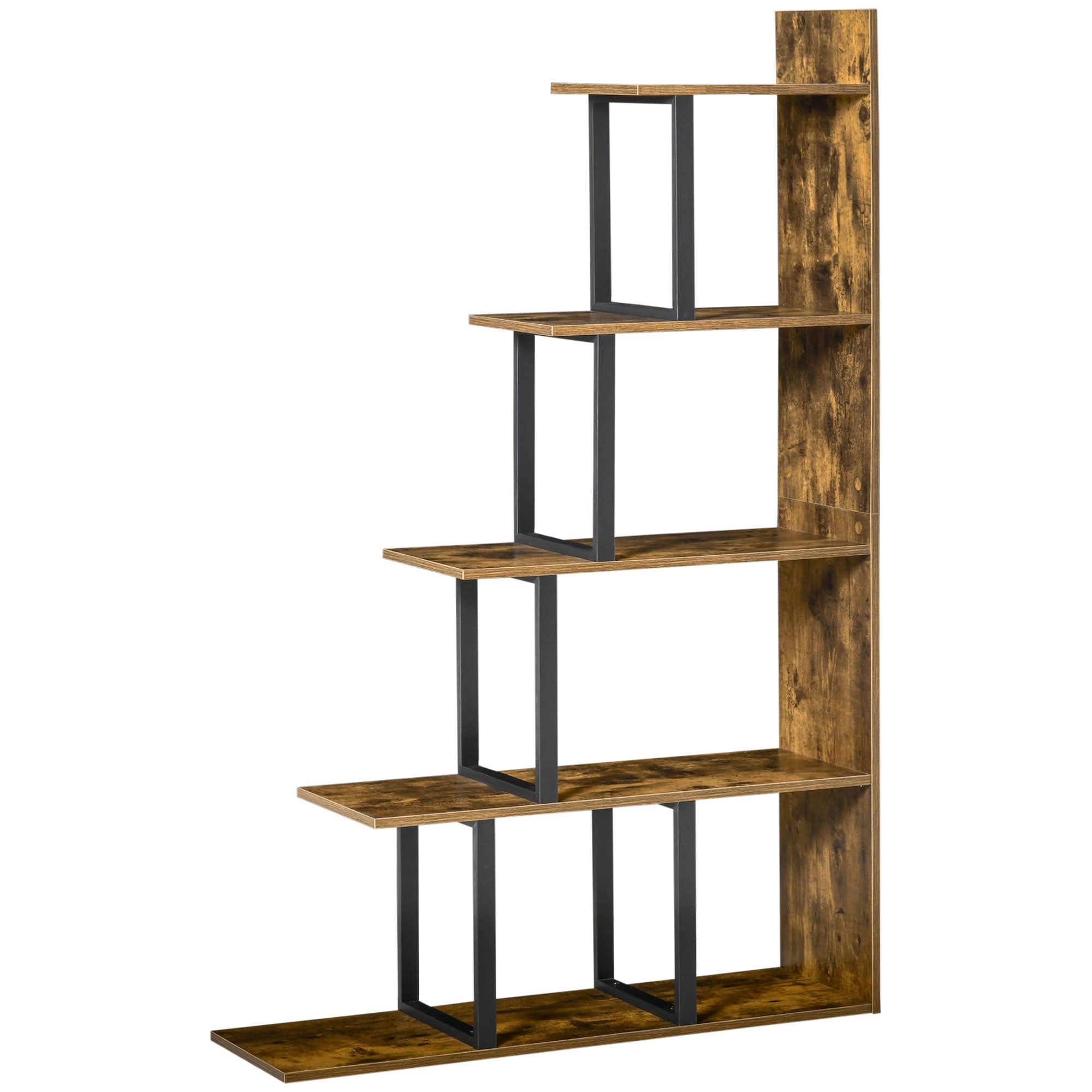HOMCOM Industrial Bookcase 5-Tier Wooden Ladder Bookshelf Display Stand Organizer for Livingroom Indoor Corner Shelf - Rustic Brown