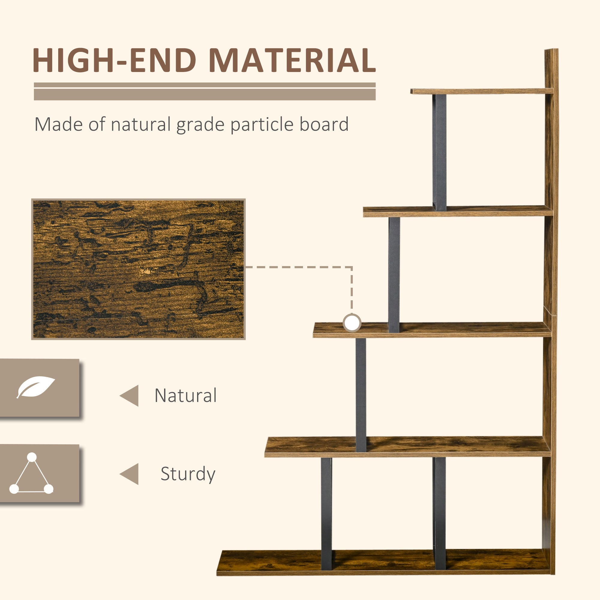 HOMCOM Industrial Bookcase 5-Tier Wooden Ladder Bookshelf Display Stand Organizer for Livingroom Indoor Corner Shelf - Rustic Brown